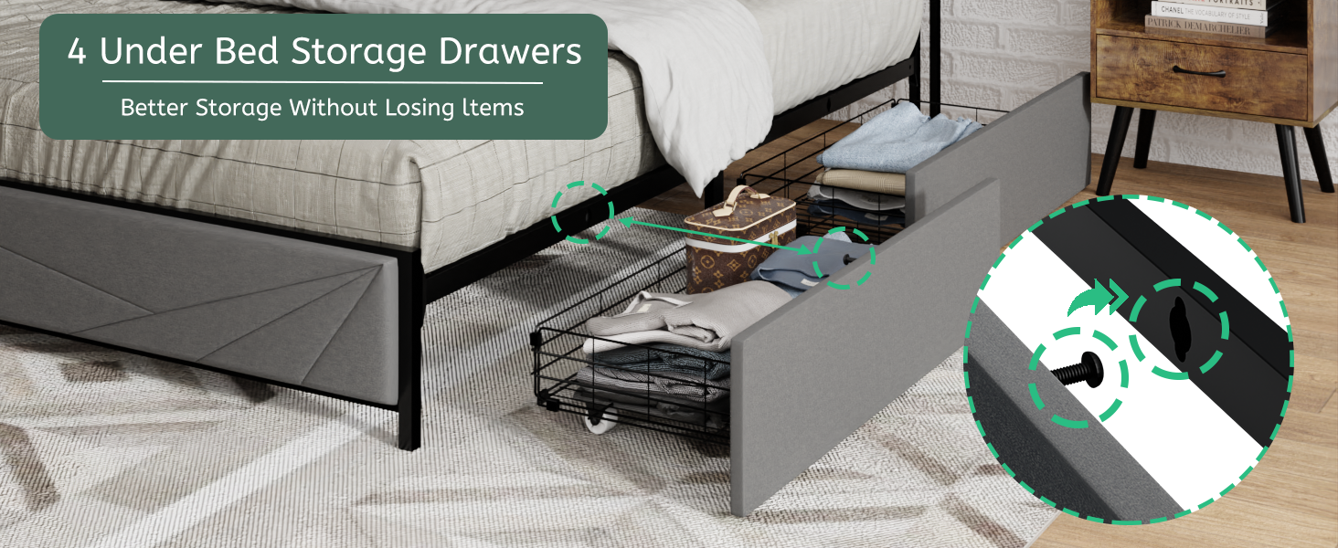 Queen Size Bed Frame With 4 Storage Drawers And 2 Usb Ports, Upholstered Platform Bed Frame With Storage Headboard Charging Station And Metal Slat Support, No Box Spring Needed, Dark Grey. Box Spring Not Required Queen Dark Grey Metal Bedroom Bed Frame