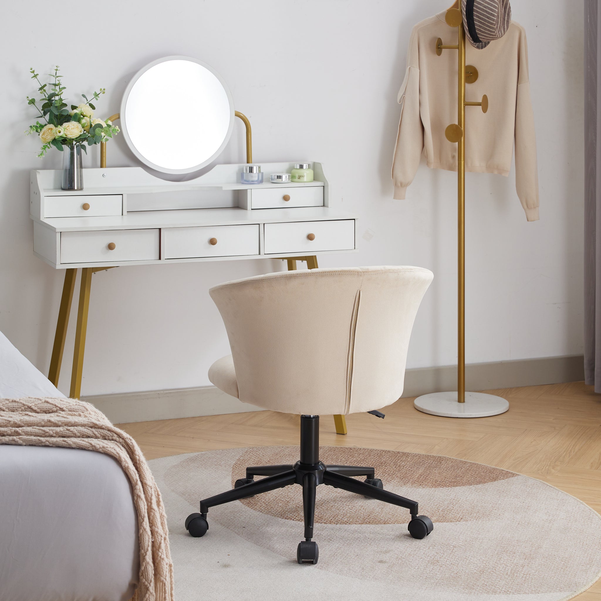 Home Office Chair, Velvet Fabric Swivel Flower Shape Computer Desk Chair For Home Office Or Bedroom Camel Foam Polyester Blend