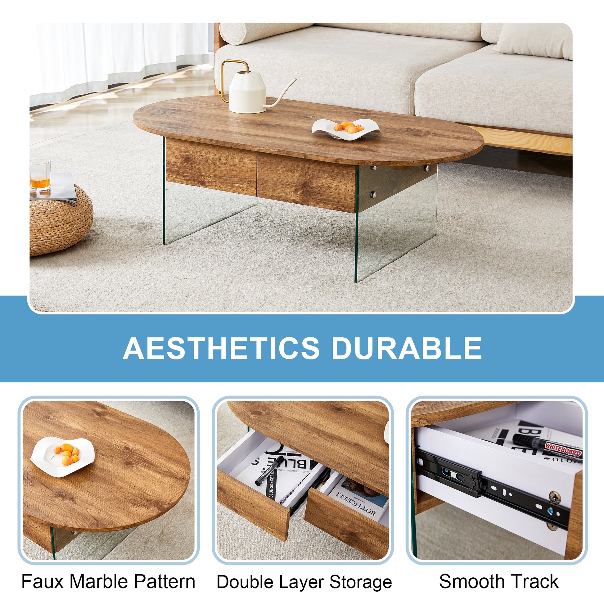 Coffee Table With Double Drawers. The Board Surface Is Mdf Sticker, And Both Sides Are Transparent Tempered Glass. The Design Is Simple And Elegant, With Excellent Storage Functions. Wood Mdf Glass