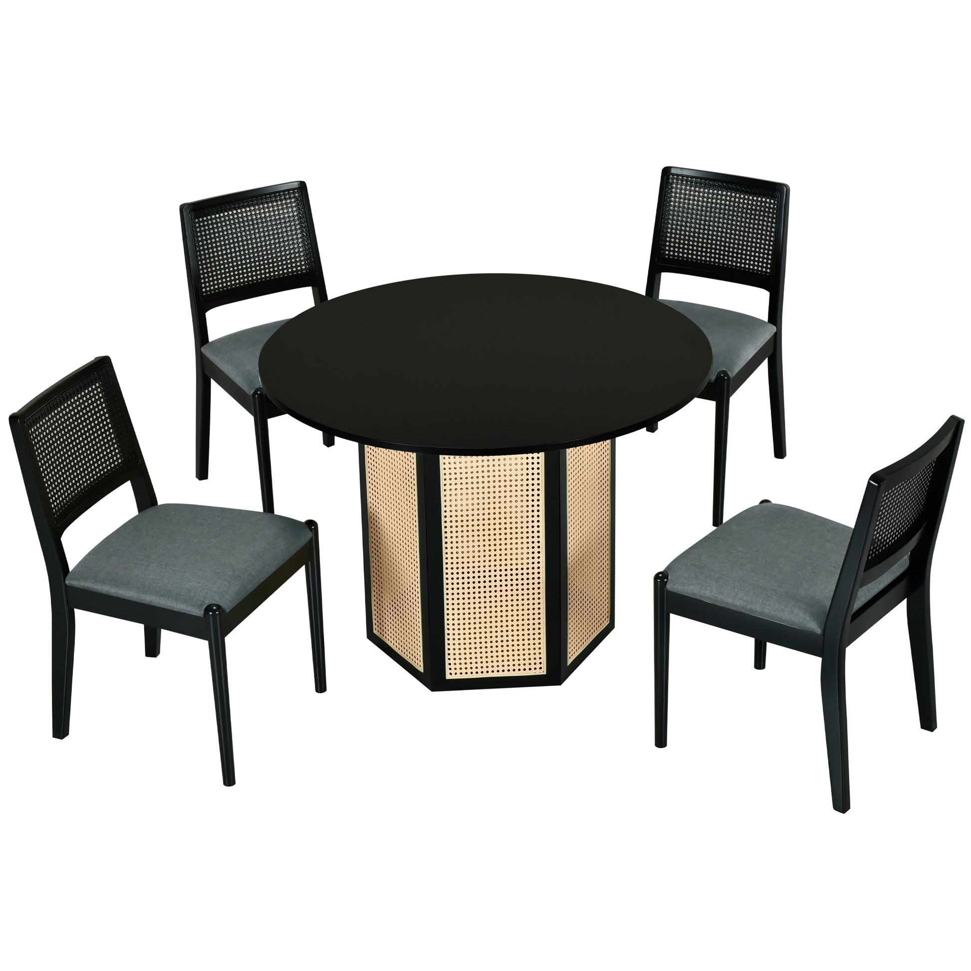 5 Piece Rattan Round Dining Table Set, Wood Table With Hexagonal Base And Upholstered Chairs For Dining Room, Kitchen,Indoor Use, Black Gray Wood Dining Room Solid Wood Rubberwood Round Dining Table With Chair Wood Wood Black Seats 4 Traditional Round
