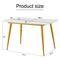 Modern Minimalist Dining Table. White Imitation Marble Patterned Stone Burning Tabletop With Golden Metal Legs. 50 