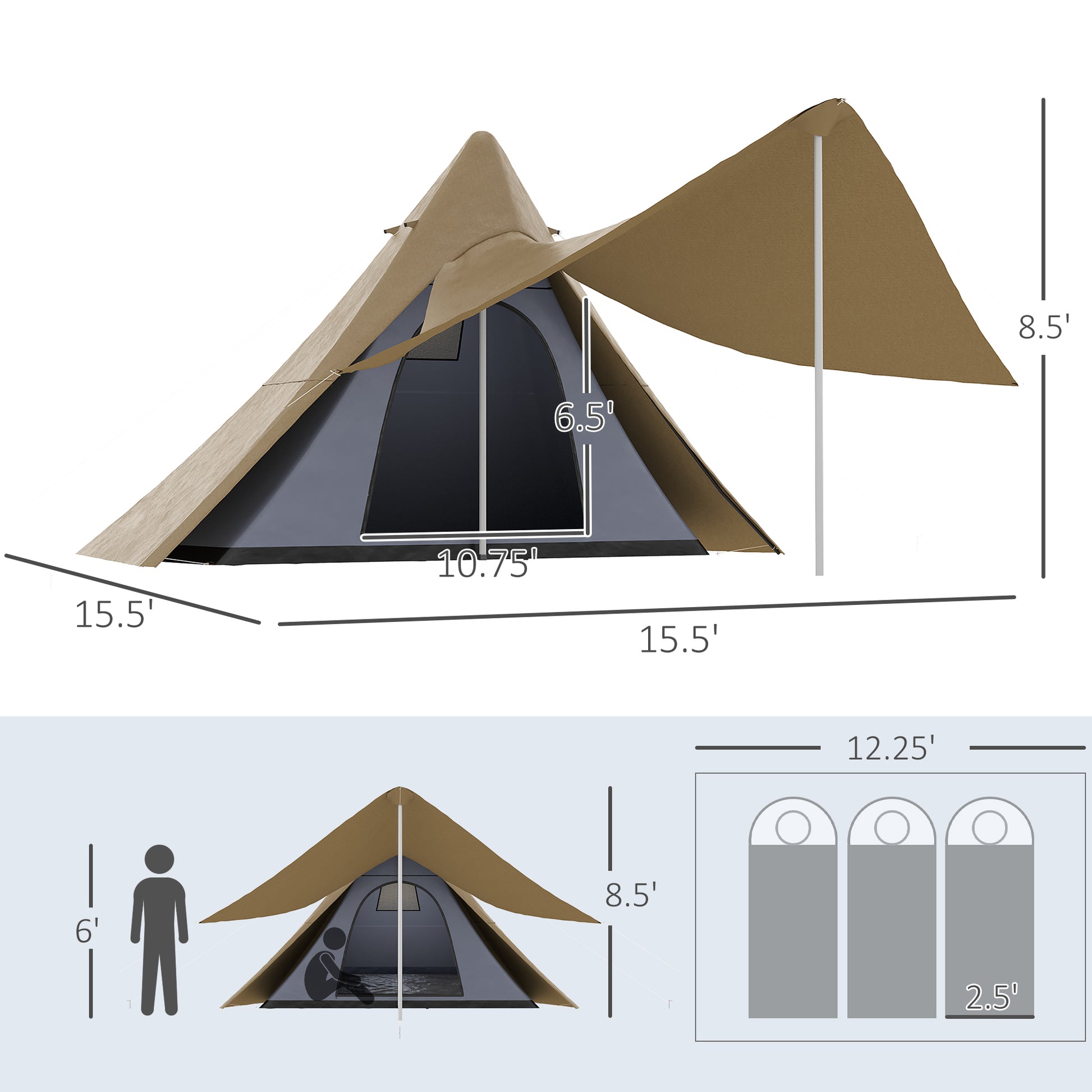 Outsunny 15.4'X15.4'X8.5' Teepee Tent, Waterproof Camping Tent With Porch Area, Floor And Carry Bag, For 2 3 Person Outdoor Backpacking Camping Hiking, Coffee Coffee Fabric