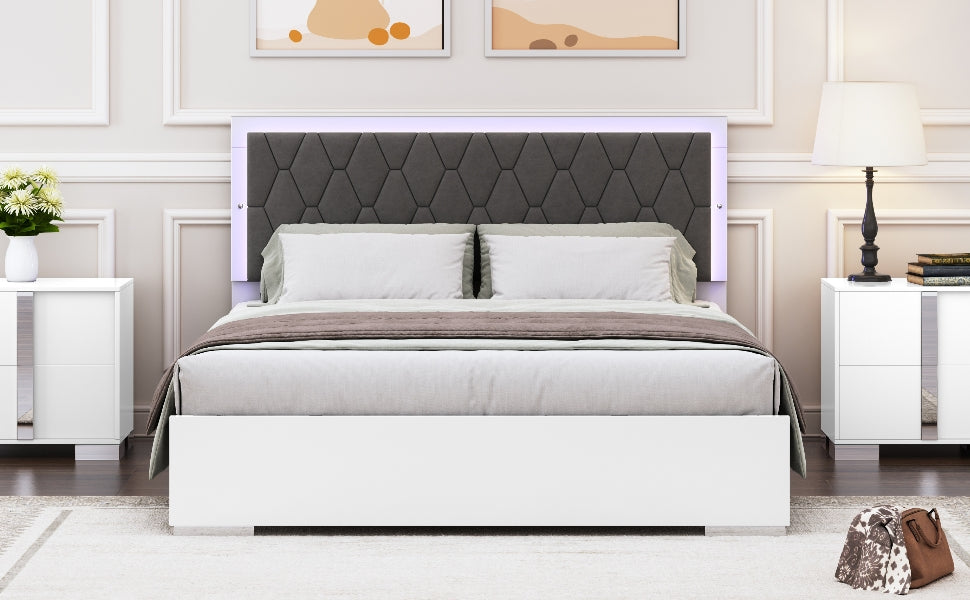 Queen Size Upholstered Bed With Led Light,Modern Platform Bed With With Velvet Headboard,White Queen White Mdf
