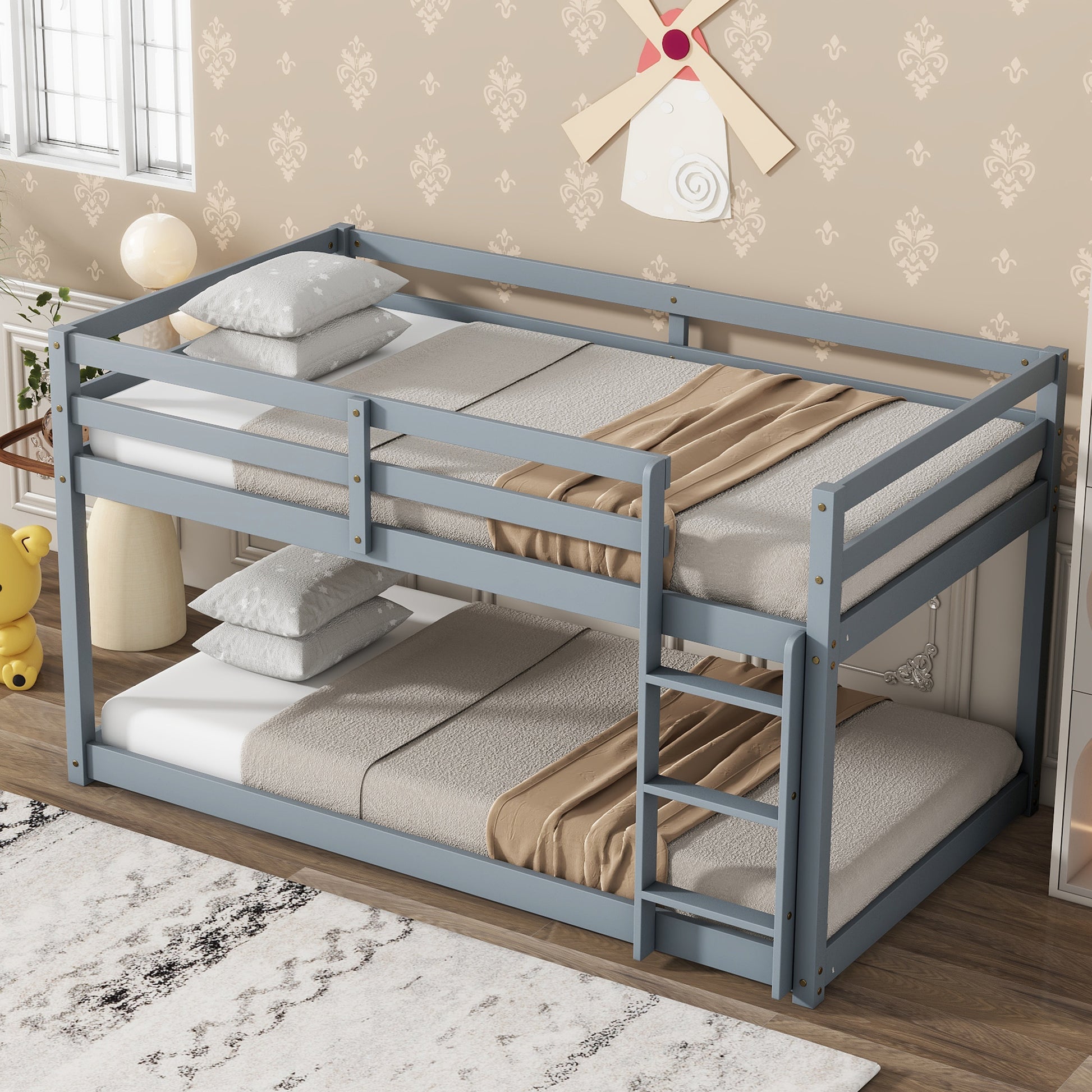 Solid Wooden, Solid Rubber Wooden Twin Over Twin Loft Bed With Ladder, With Bed Platform Of Strengthened Slatsgrey Twin Grey Rubber Wood