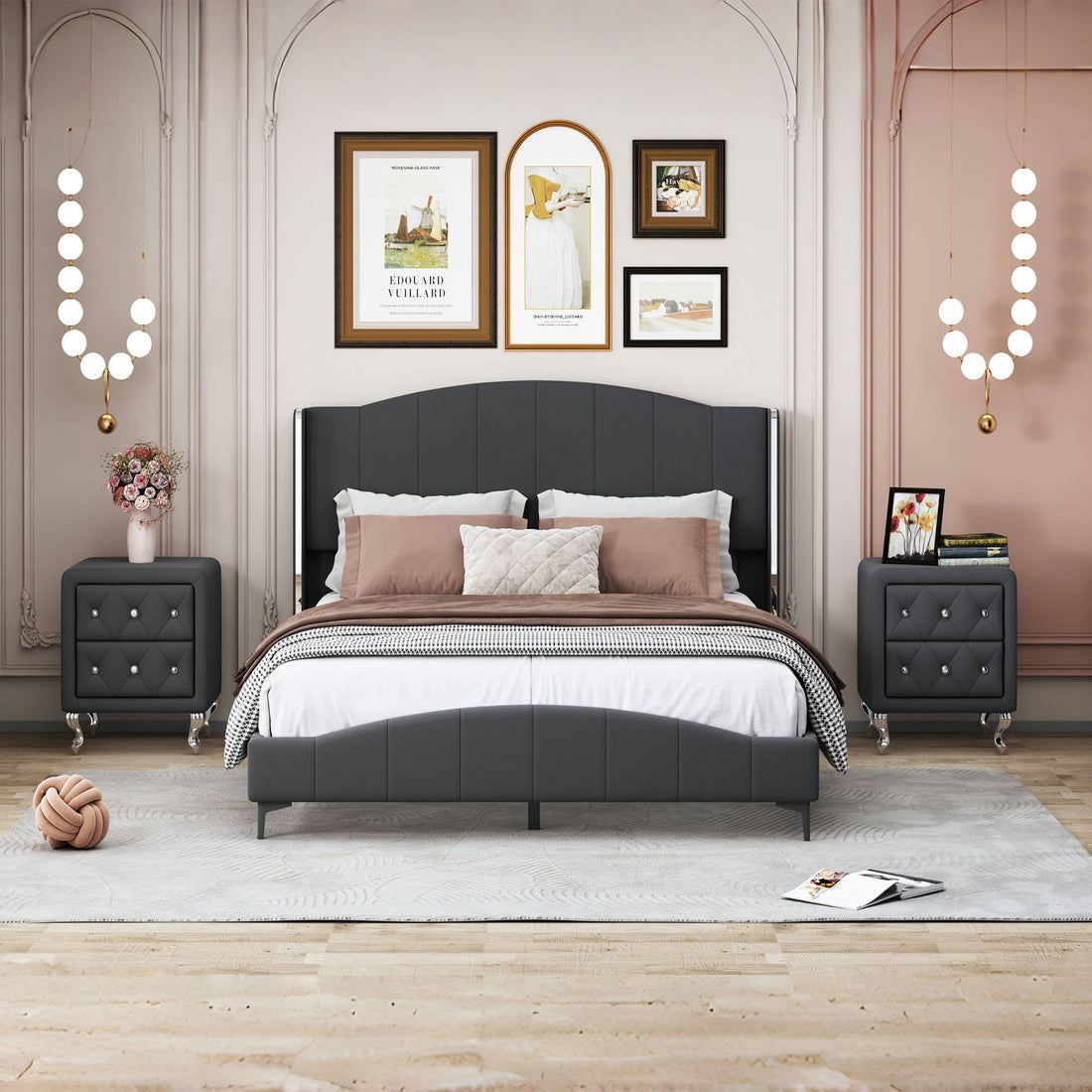 3 Pieces Bedroom Set With Queen Size Pu Leather Upholstered Platform Bed And Elegant Pu Nightstand With 2 Drawersblack Box Spring Not Required Queen Black 3 Piece Set Pu