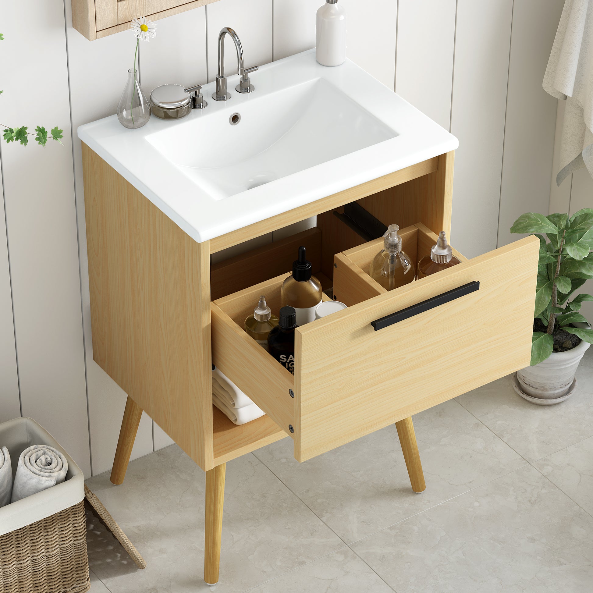 24" Bathroom Vanity With Sink Combo, Multi Functional Bathroom Cabinet With Drawer, Mdf Board, Natural Natural Solid Wood Mdf