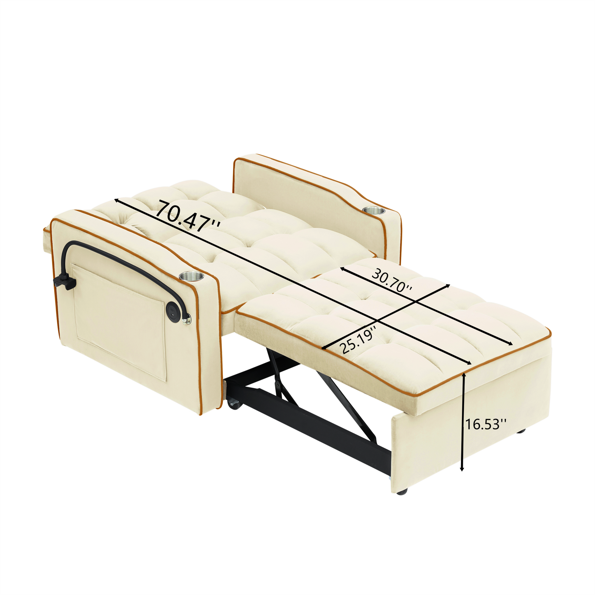 1 Versatile Foldable Sofa Bed In 3 Lengths, Modern Sofa Sofa Sofa Velvet Pull Out Bed, Adjustable Back And With Usb Port And Ashtray And Swivel Phone Stand Creamy White Creamy White Light Brown Velvet Wood Primary Living Space Cushion Back Light Duty