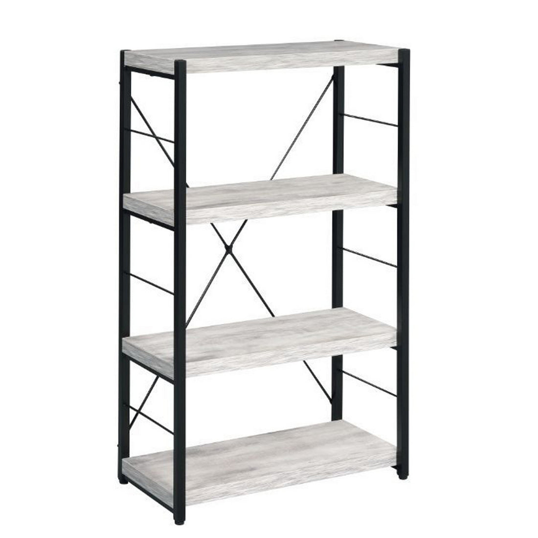 Industrial Bookshelf With 4 Shelves And Open Metal Frame, White And Black White Black Solid Wood