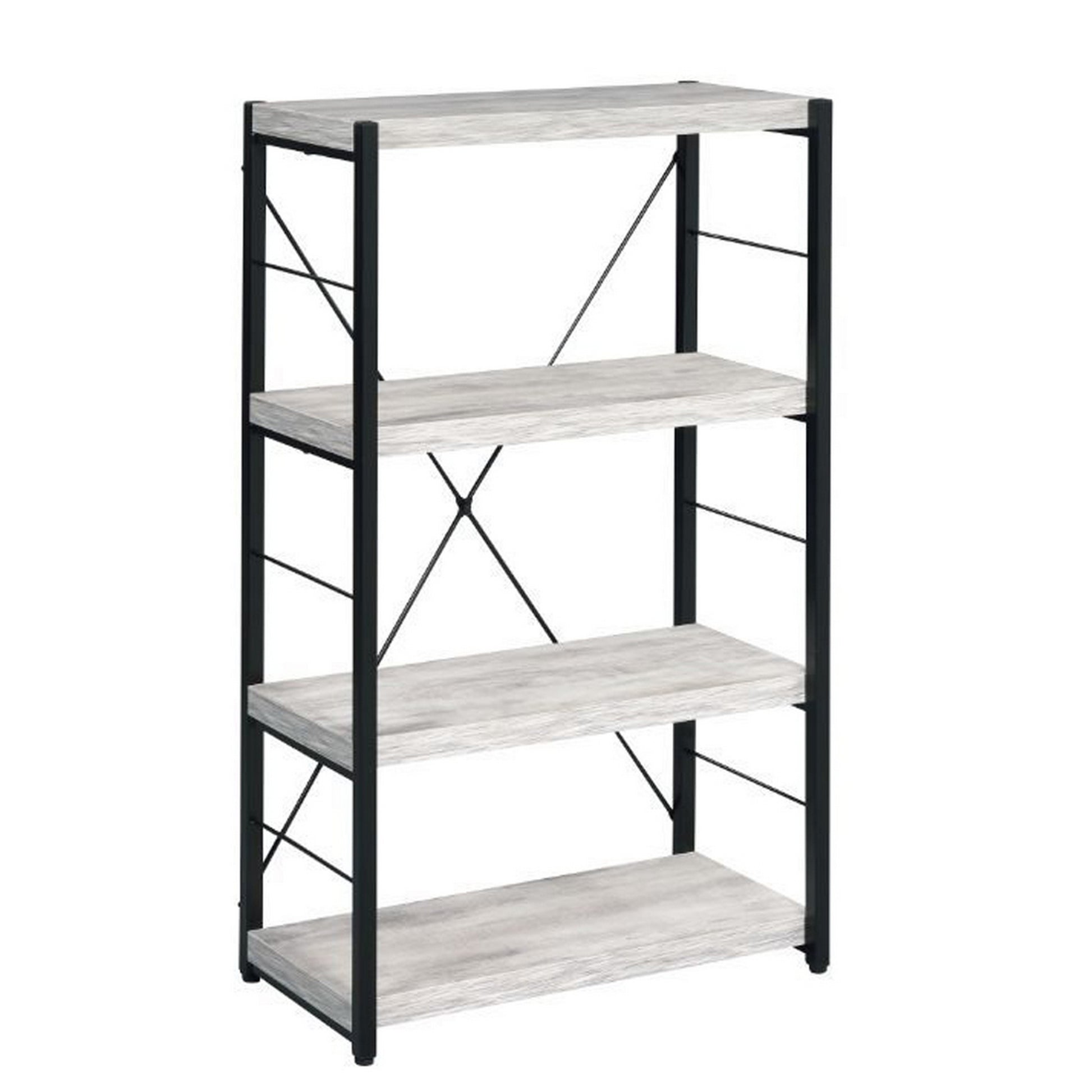 Industrial Bookshelf With 4 Shelves And Open Metal Frame, White And Black White Black Solid Wood