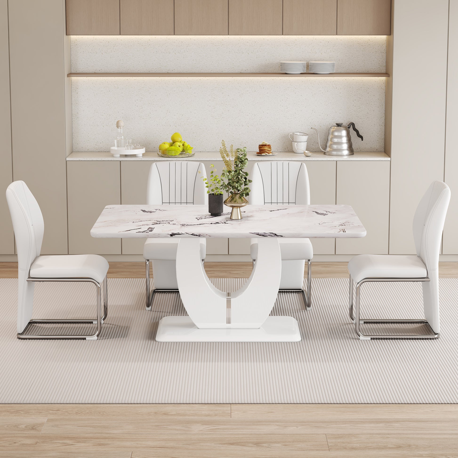 Table And Chair Set, Modern Luxurious White Imitation Marble Pattern Mdf Dining Table,Rectangular Dining Table, Matched With Uniquely Shaped Pu High Backrest Seats,Suitable For Various Occasions. White Seats 4 Mdf