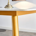 Modern Minimalist Dining Table. White Imitation Marble Patterned Stone Burning Tabletop With Golden Metal Legs. 50 