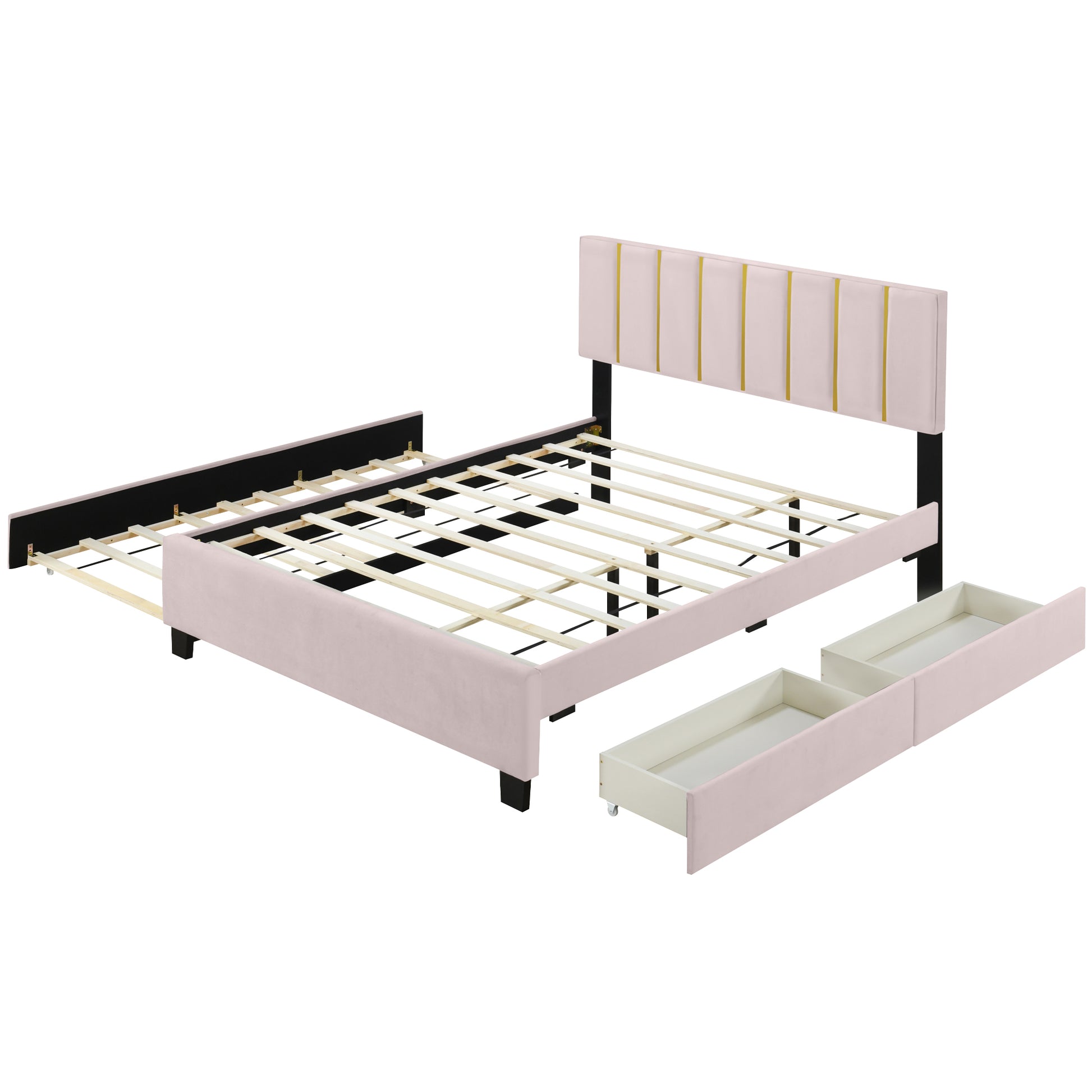 Queen Size Upholstered Platform Bed With 2 Drawers And 1 Trundle, Classic Metal Strip Headboard Design, Pink Queen Pink Mdf Lvl