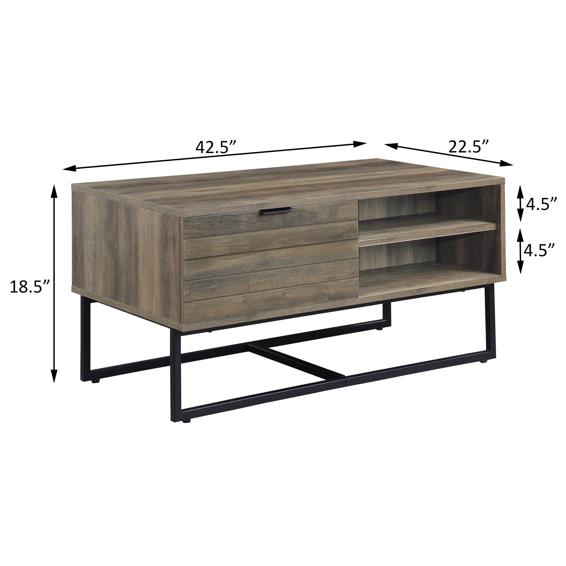 Rustic Oak And Black Coffee Table With Open Storage Rustic Primary Living Space Oak Drawers Rectangular Wood Metal