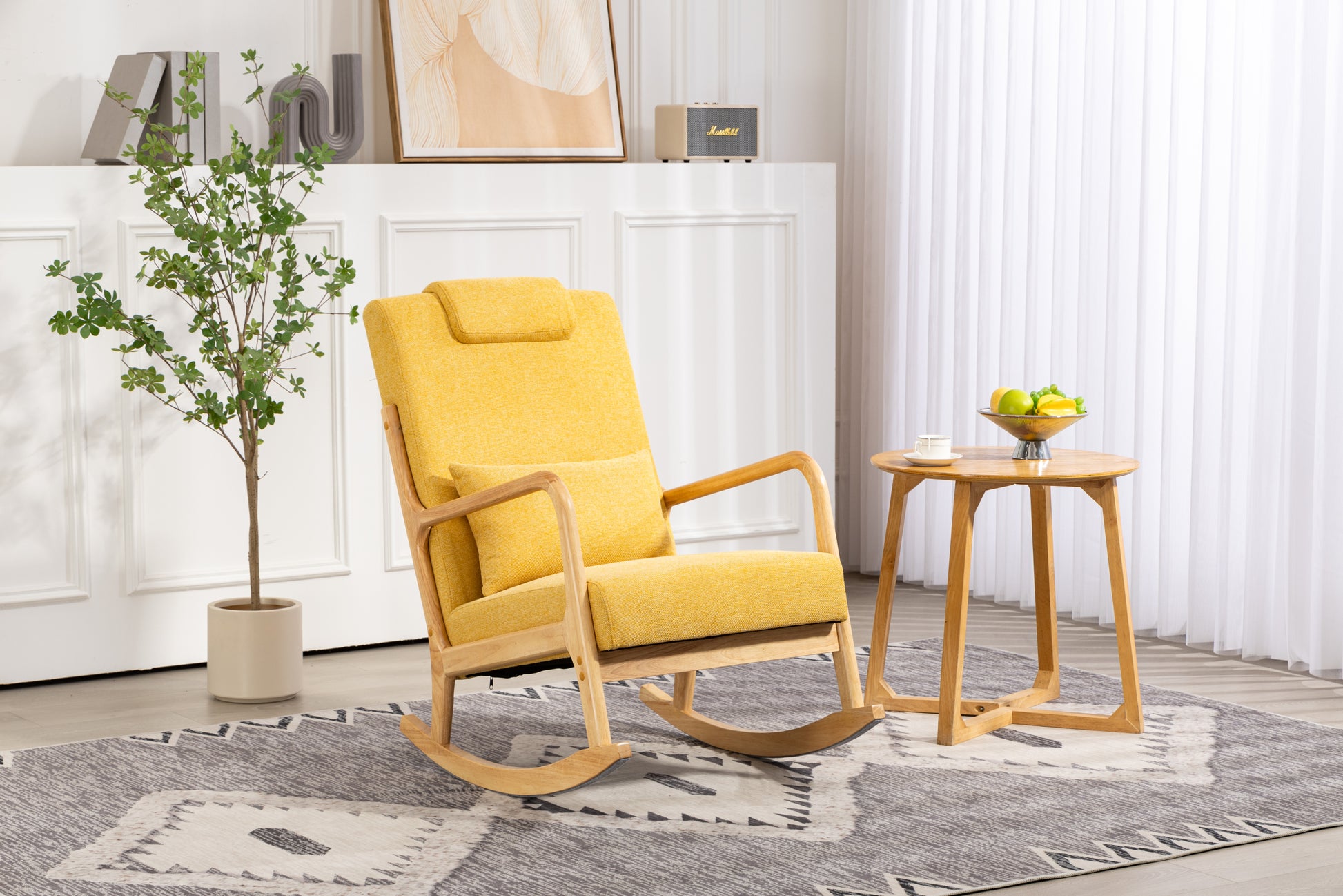 Rocking Chair Upholstered Fabric Rocking Armchair Indoor With High Backrest Glider Chairs And Lumbar Pillow For Living Room Yellow Linen