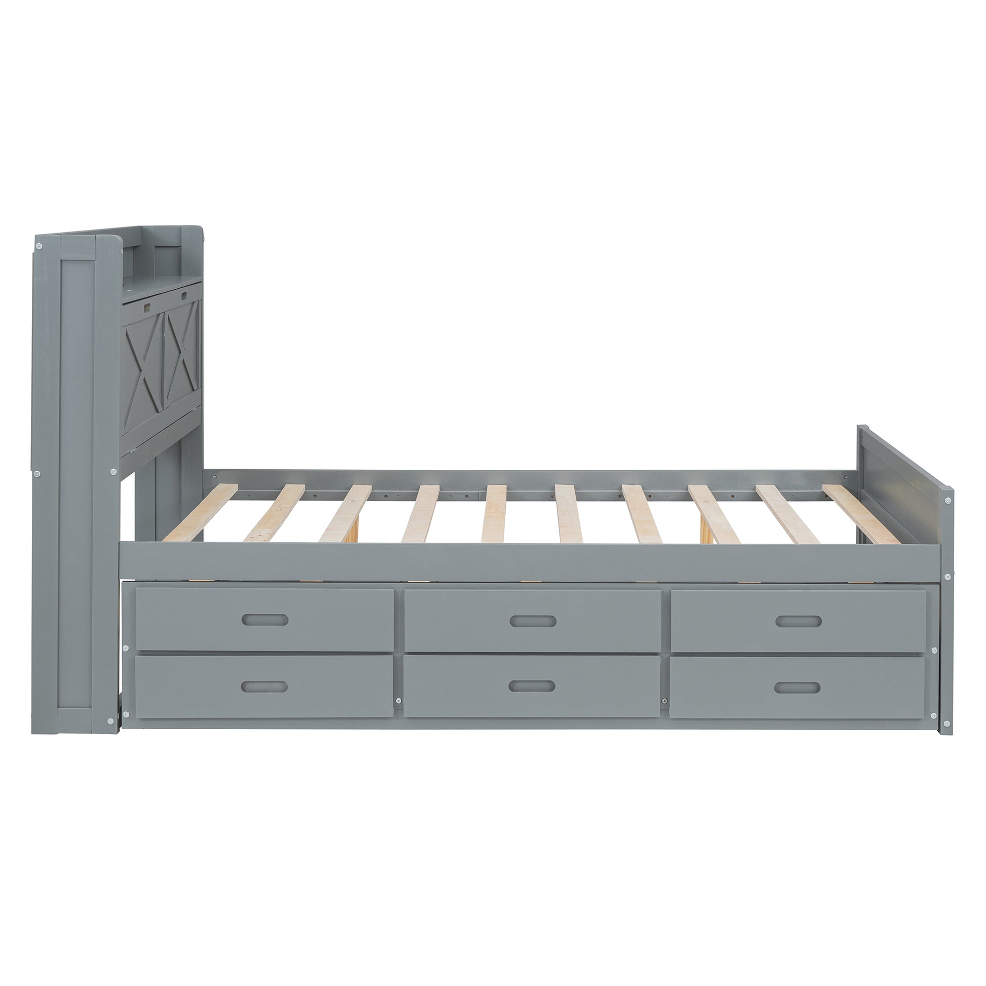 Full Size Wooden Bed With Storage Headboard With Outlets, Extendable Bed With Twin Size Trundle With Three Storage Drawers,Gray Full Gray Wood