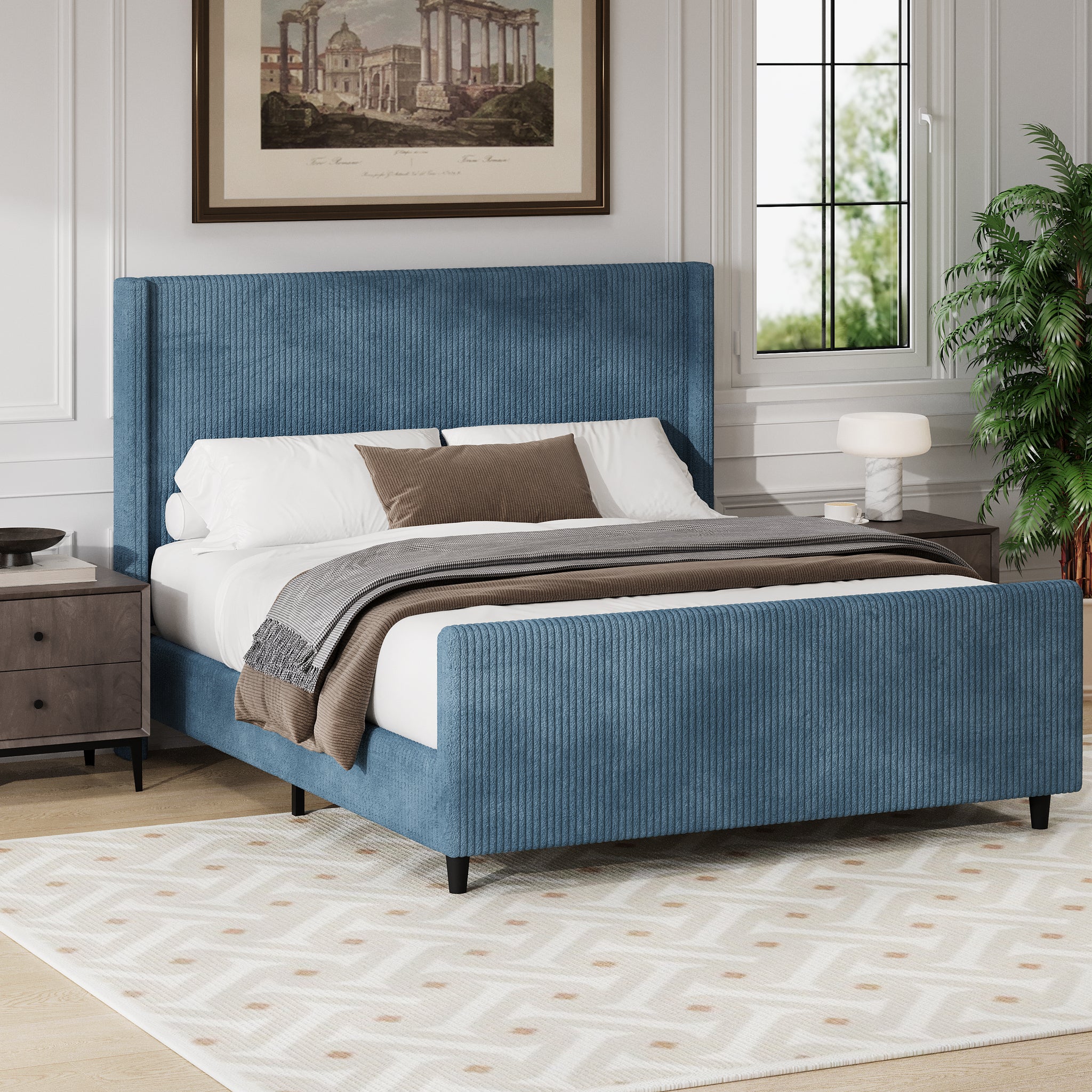 50.7'' High Headboard Corduroy Upholstered Bed Frame With Vertical Stripe Wingback And High Footboard No Box Spring Needed, Queen Size, Blue Box Spring Not Required Queen Blue Wood Bedroom Modern