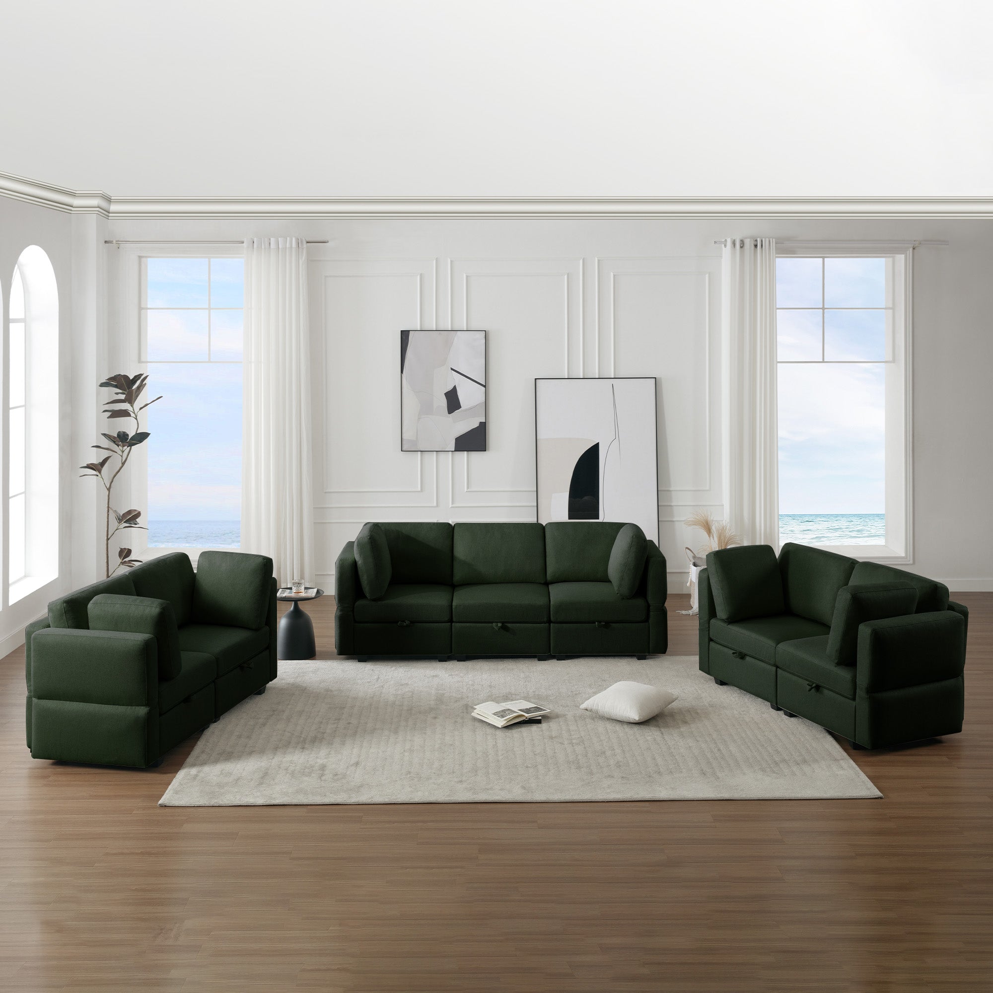 Living Room Furniture 7 Piece Set Including One 3 Seater Sofa And Two 2 Loveseatsadjustable Arms And Backs Comforty Sofas & Couches With Comfy Seat And Arm Cushions Green Green Polyester 7 Seat