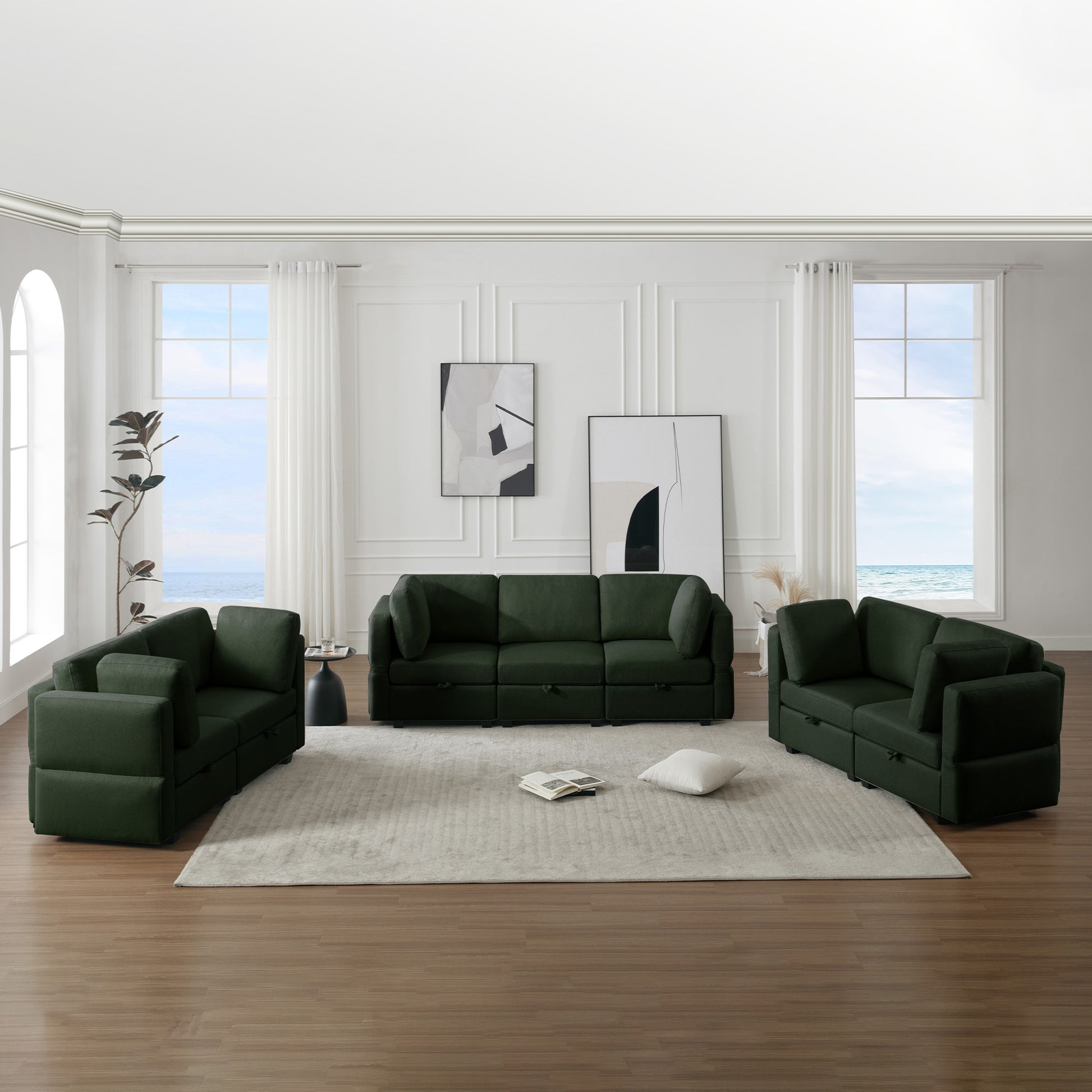 Living Room Furniture 7 Piece Set Including One 3 Seater Sofa And Two 2 Loveseatsadjustable Arms And Backs Comforty Sofas & Couches With Comfy Seat And Arm Cushions Green Green Polyester 7 Seat