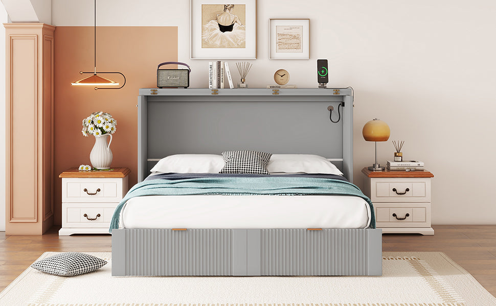 Full Size Murphy Bed With Drawer And A Set Of Sockets & Usb Ports, Pulley Structure Design, Gray Full Gray Plywood