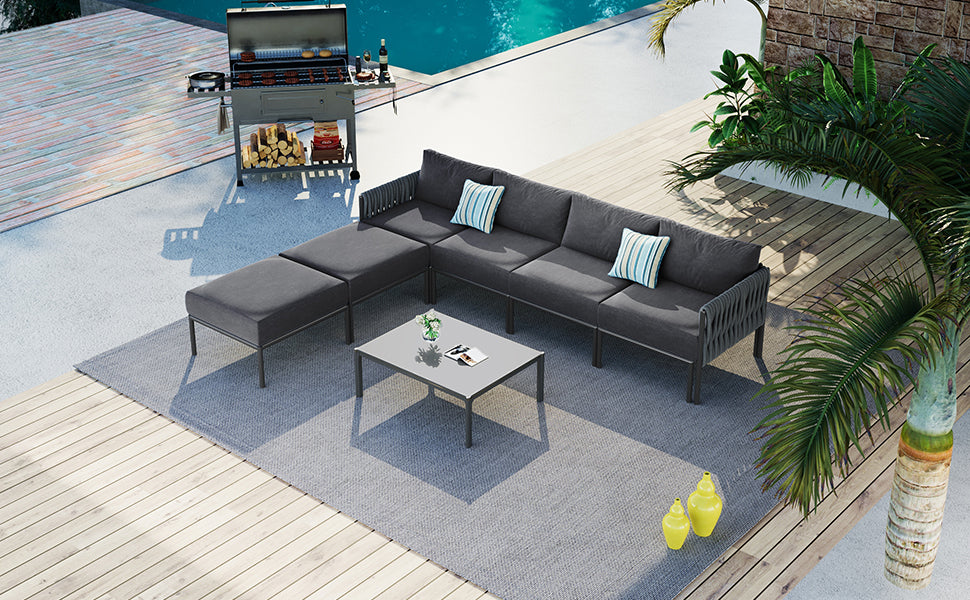 6 Pieces Aluminum Patio Furniture Set, Modern Metal Outdoor Conversation Set Sectional Sofa With Removable Olefin Extra Thick Cushions 5.9" Cushion, Grey Yes Complete Patio Set Gray Seats 6 Weather Resistant Frame Garden & Outdoor