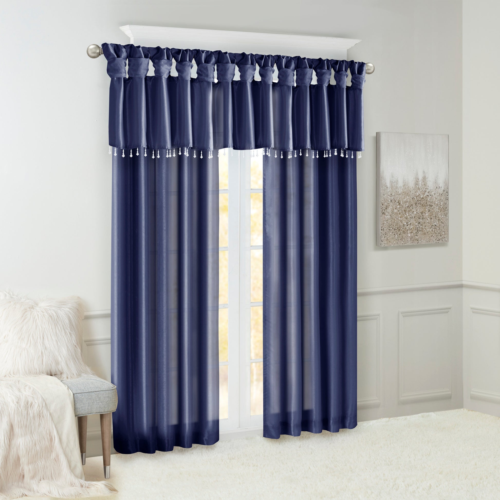 Lightweight Faux Silk Valance With Beads Navy 50X26" Navy Polyester