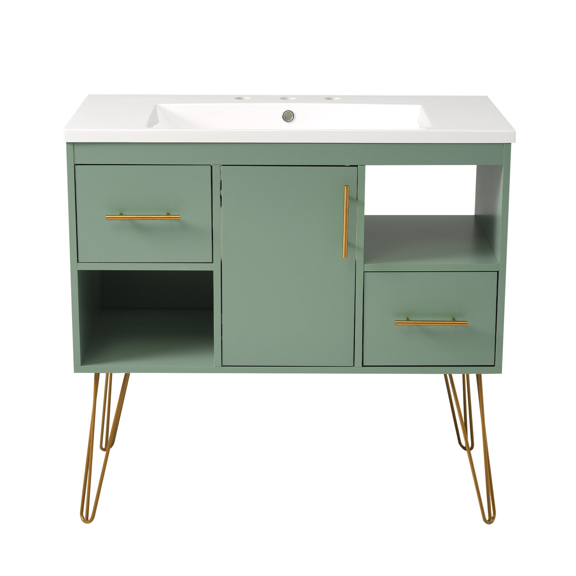 36'' Bathroom Vanity With Resin Sink Combo Set, Modern Freestanding Single Bathroom Cabinet With 2 Drawers & 2 Storage Compartments, Storage Cabinet For Bathroom, Solid Wood Frame Vanity Set, Green Green Bathroom Modern Mdf