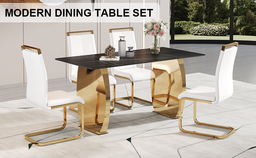 Table And Chair Set,Modern Rectangular Table With 0.4 Inch Black Patterned Tabletop And Gold Legs, Suitable For Kitchen, Dining Room, And Living Roomcomfortable Pu Seats,Perfect For Dinner, Meet White Black Seats 4 Sintered Stone