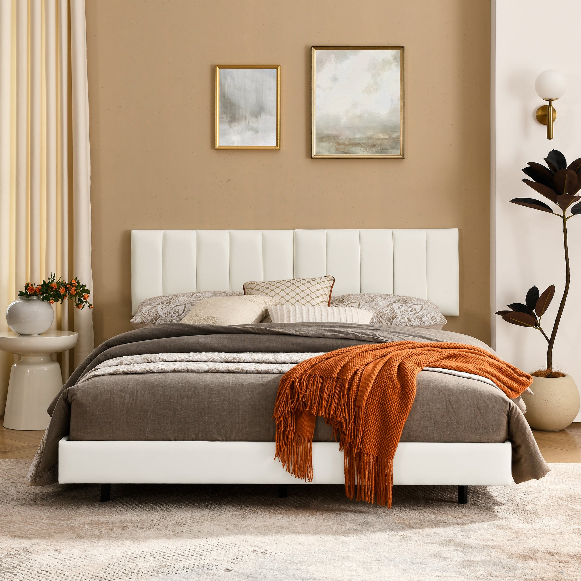 Queen Floating Bed Frame With Wall Mounted Headboard Modern Low Profile Platform Bed Frame Queen Size Faux Leather Upholstered Platform Bed Frame,No Box Spring Needed,White Queen White Pu