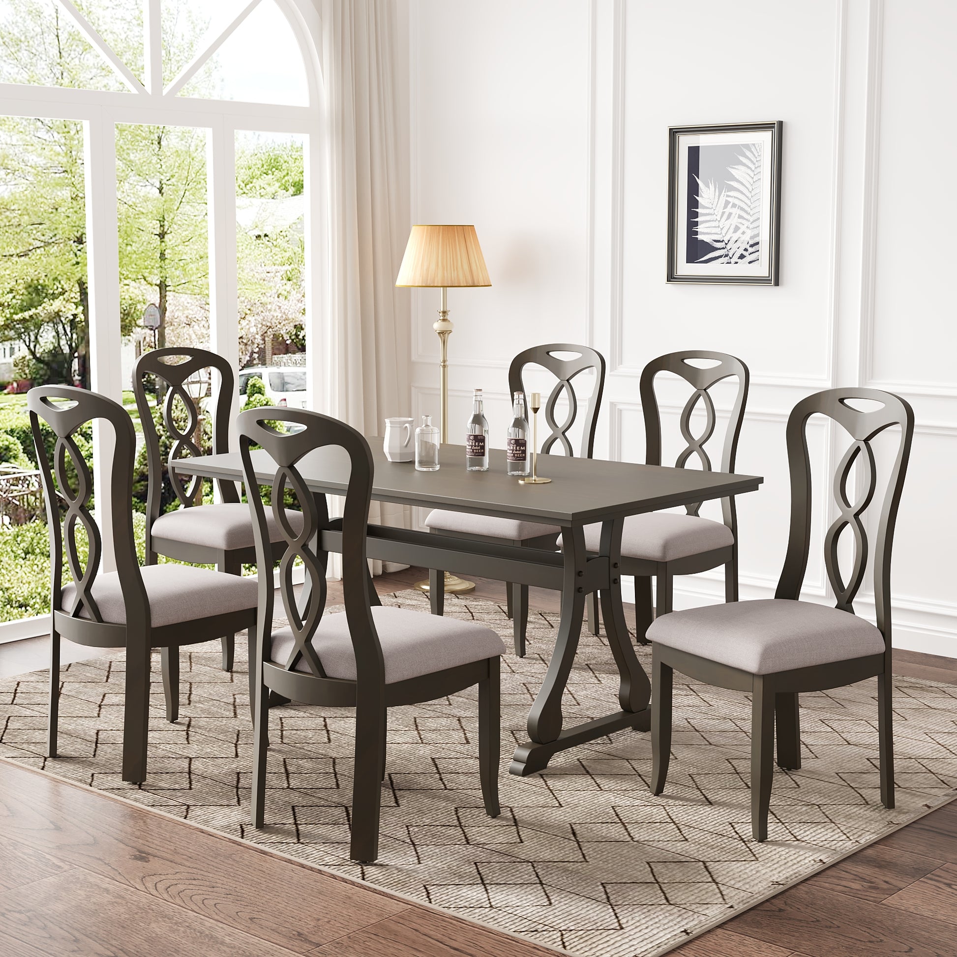 Retro 7 Piece Trestle Dining Table Set With Upholstered Dining Chairs, Smooth Dining Backs For Dining Room, Living Room, Kitchen, Gray Upholstered Chair Wood Gray Seats 6 Wood Dining Room Solid Wood Rubberwood Trestle Rectangular Foam Dining Table With