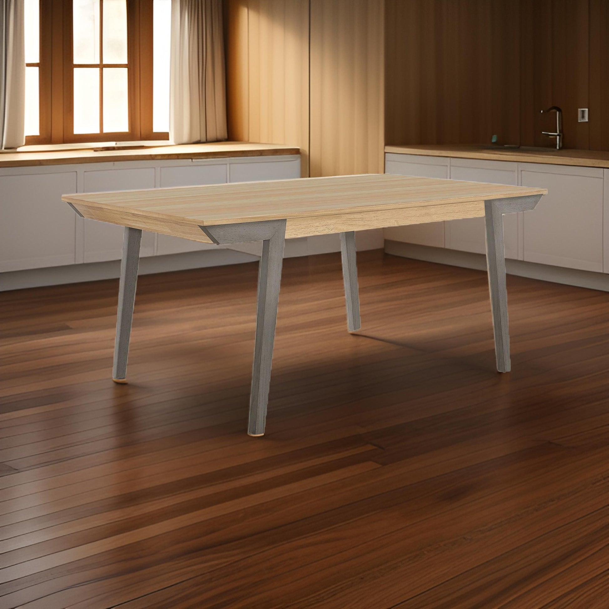 71 Inch Dining Table, Natural Brown Top, Farmhouse Style, Gray Flared Legs Brown Wood