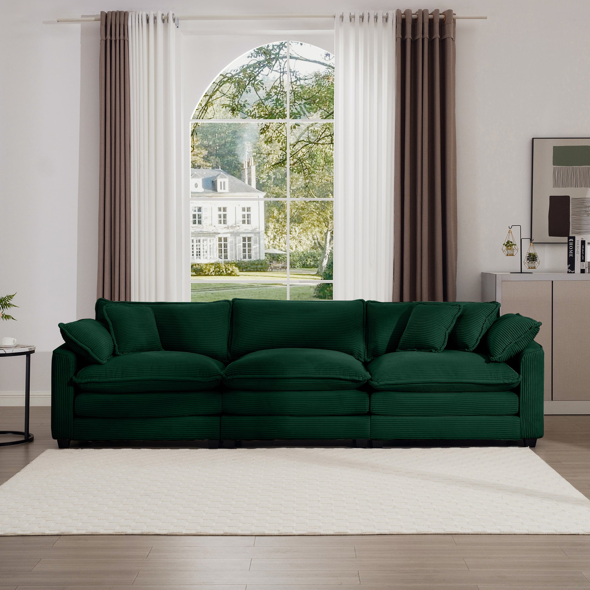 Mid Century Modern Sectional Sofa 3 Seater Sectional Sofa With 2 Arm Pillows And 3 Pillows, Living Room Sectional Green Corduroy Fabric Green Corduroy 3 Seat