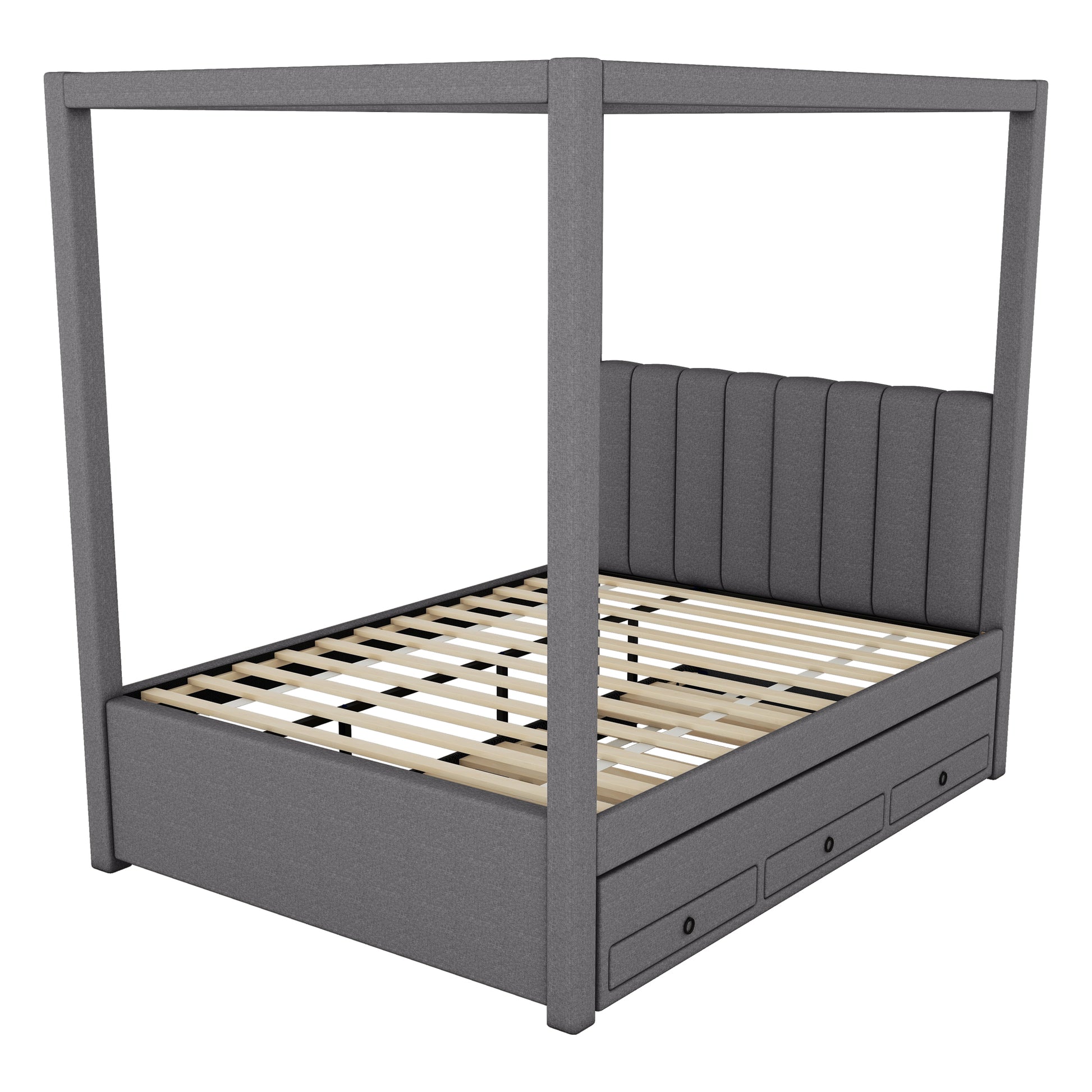 Full Size Upholstery Canopy Platform Bed With Trundle And Three Storage Drawers, Gray Full Gray Upholstered