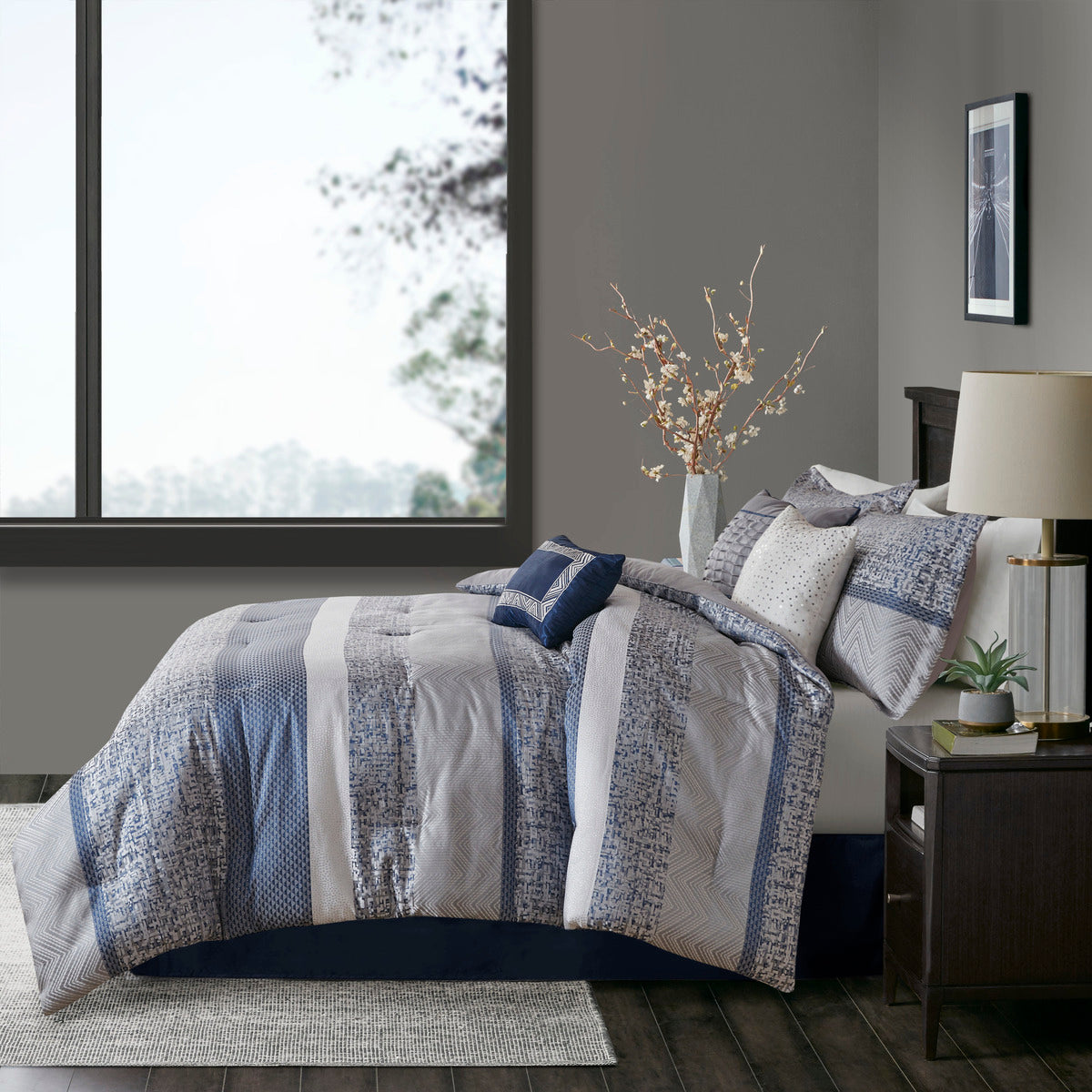 7 Piece Jacquard Comforter Set Navy Cal King California King Navy Polyester