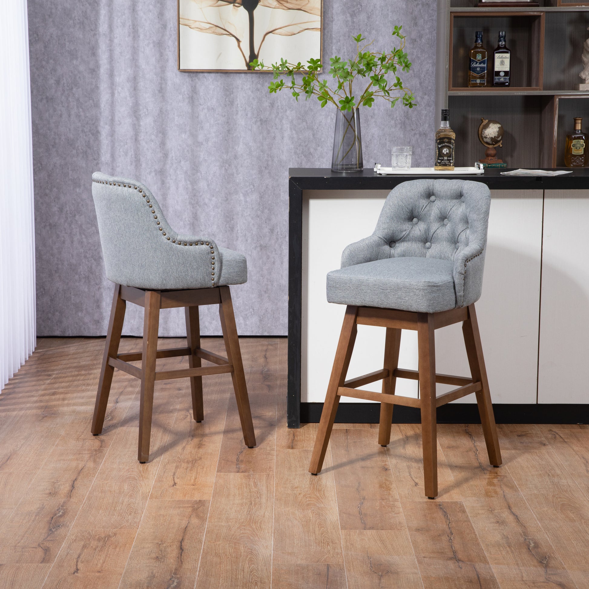 Coolmore Bar Stools Set Of 2 Counter Height Chairs With Footrest For Kitchen, Dining Room And 360 Degree Solid Wood Legs Swivel Bar Stools Set Of 2 Gray Linen Gray Foam Linen