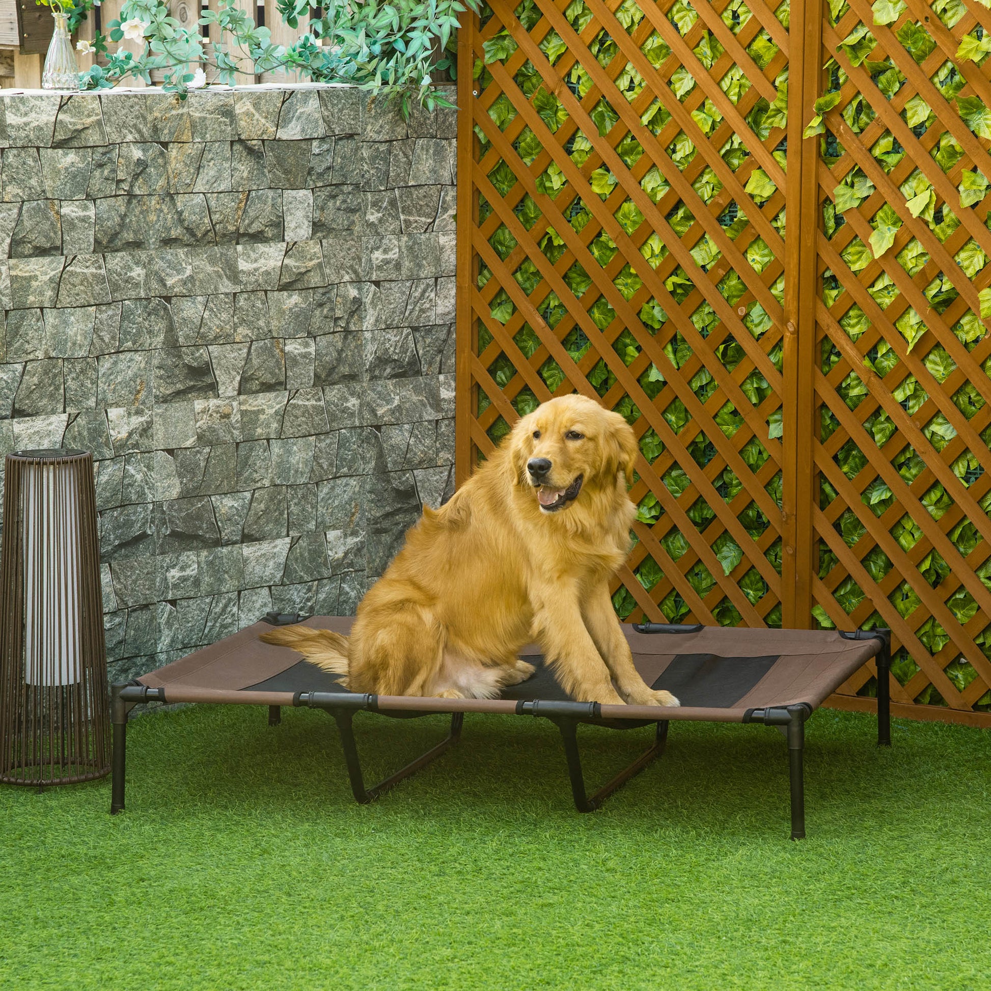 Pawhut 48" X 36" Elevateddog Bed Portable Pet Cot W Carry Bag Metal Framemesh Indoor And Outdoor Tan Tan Oxford Fabric