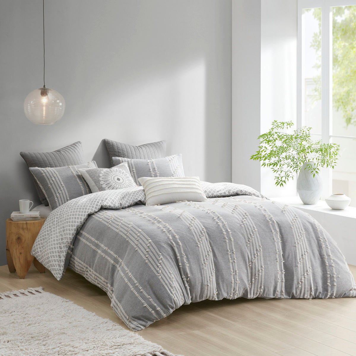 3 Piece Cotton Jacquard Duvet Cover Set King Gray Cotton