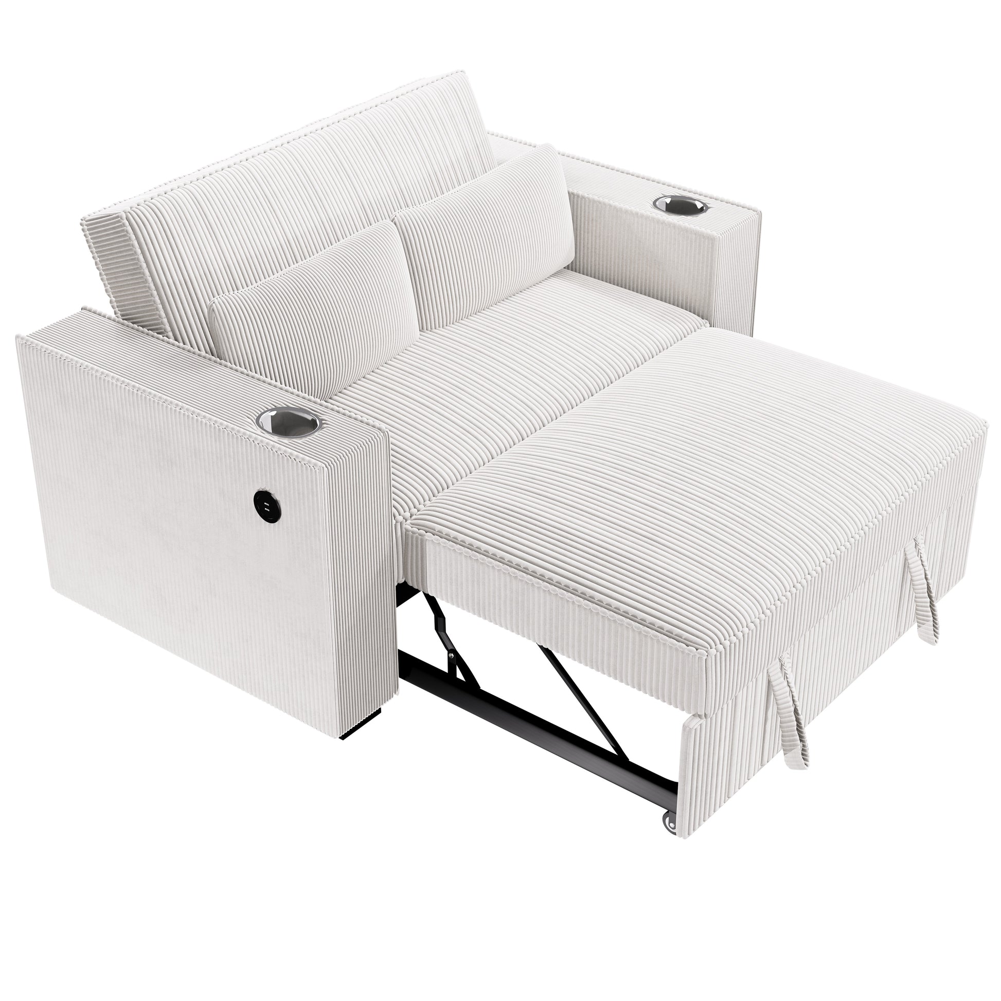 Beige Corduroy Upholstered 2 Seat Sofa W Cup Holders Sleeper Couch 1Pc Convertible Sofa W Usb Beige Corduroy Wood Primary Living Space Cushion Back Contemporary,Modern,Transitional Rubberwood Square