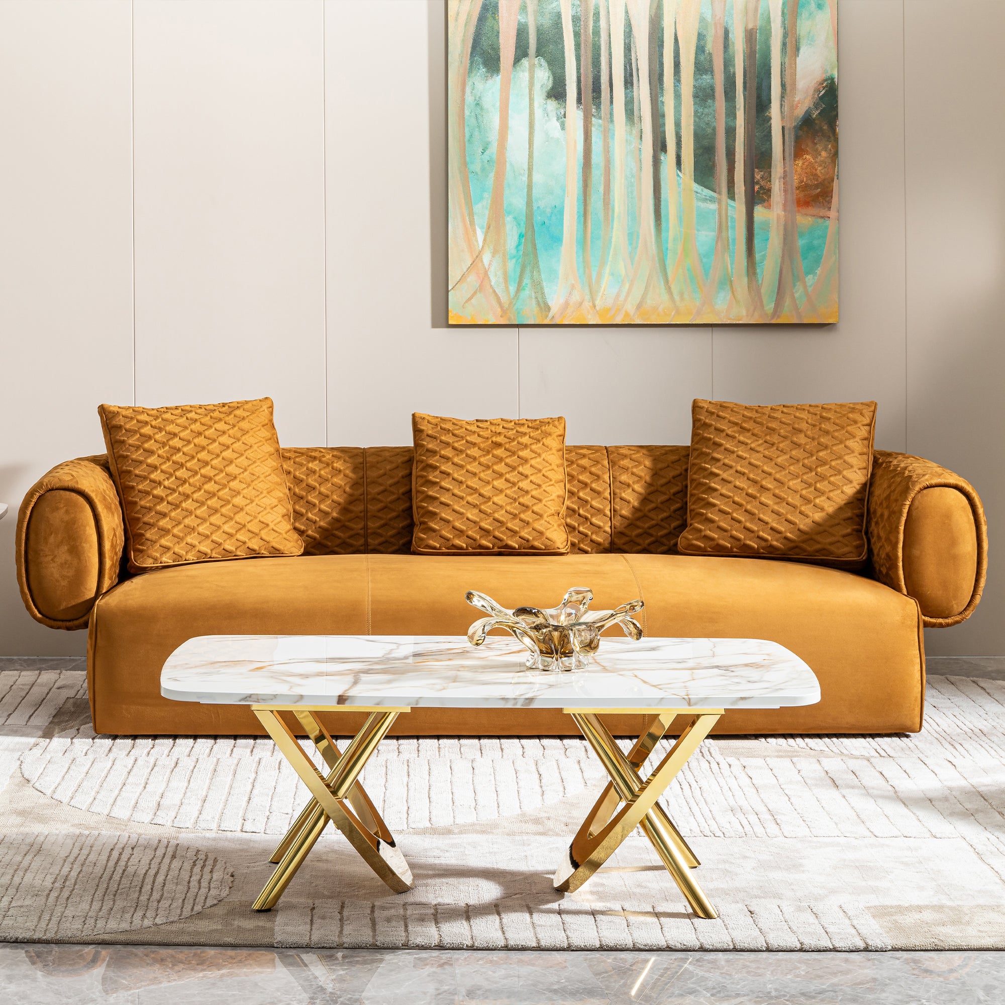 Gold Stainless Steel Marble Pattern Coffee Table 50.78" L X 27.16" W X 18.11" H For Living Room & Office Gold Modern Coffee & End Tables Rectangular Stainless Steel