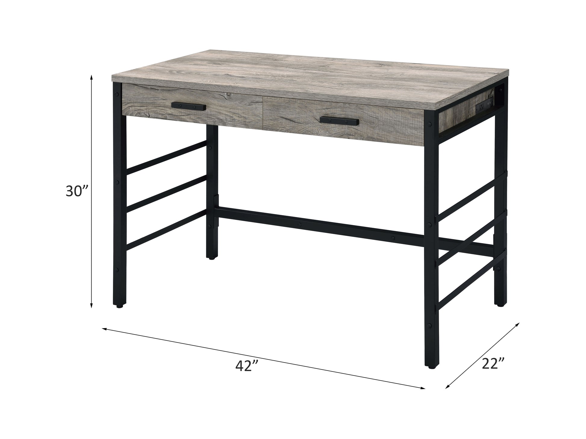 Disho Light Weathered Oak & Black Finish Writing Desk W Usb Oak Synthetic Wood