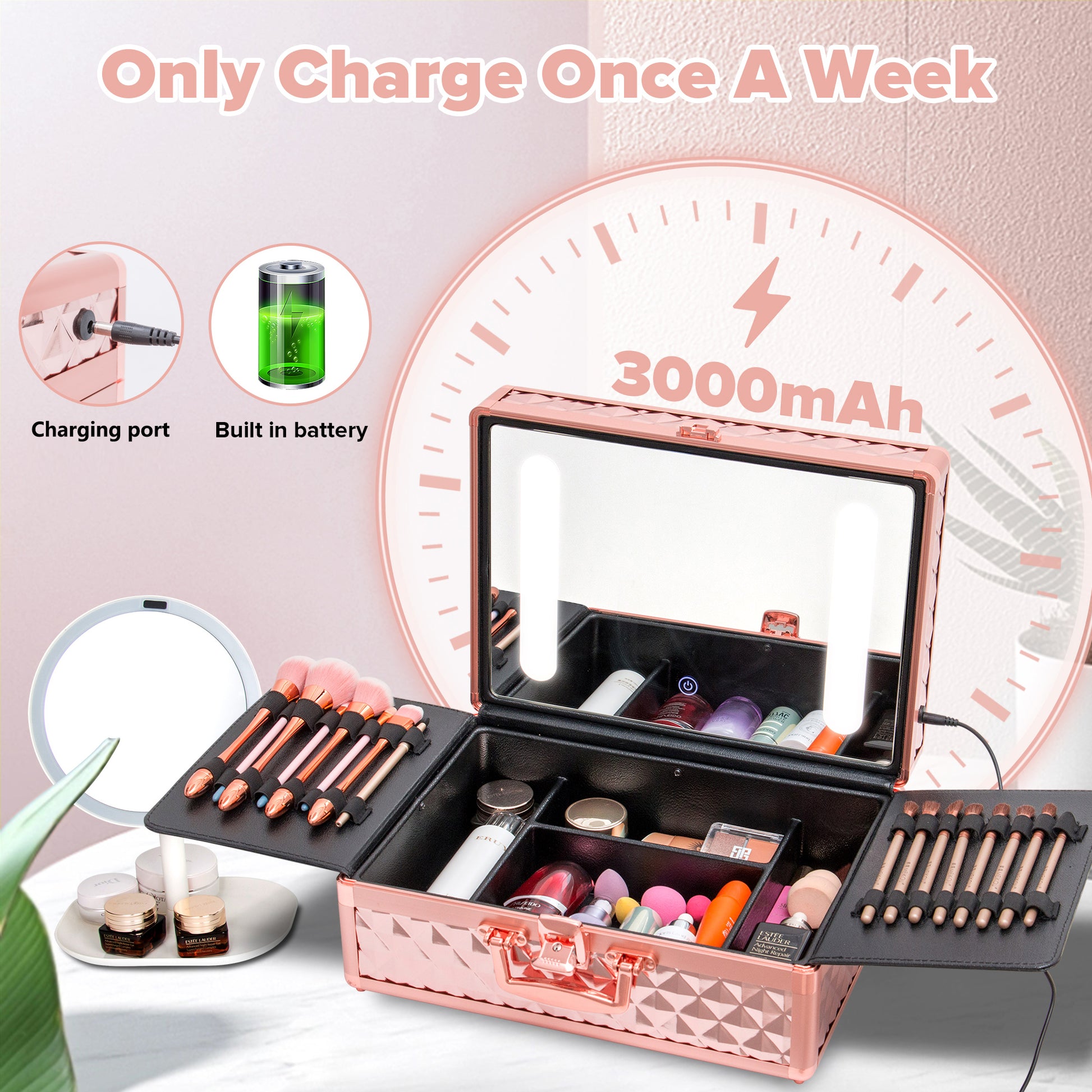 Portable Makeup Case With Led Mirror Travel Makeup Bag Cosmetic Organizer Box With Locks, Brush Holder, Dividers, Rechargeable, Rose Gold Rose Gold Aluminium Alloy