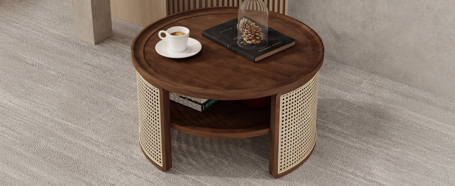 2 Tiered Round Walnut Wood Coffee Table With Storage Rattan Base In 31.3'' Walnut Rubber Wood
