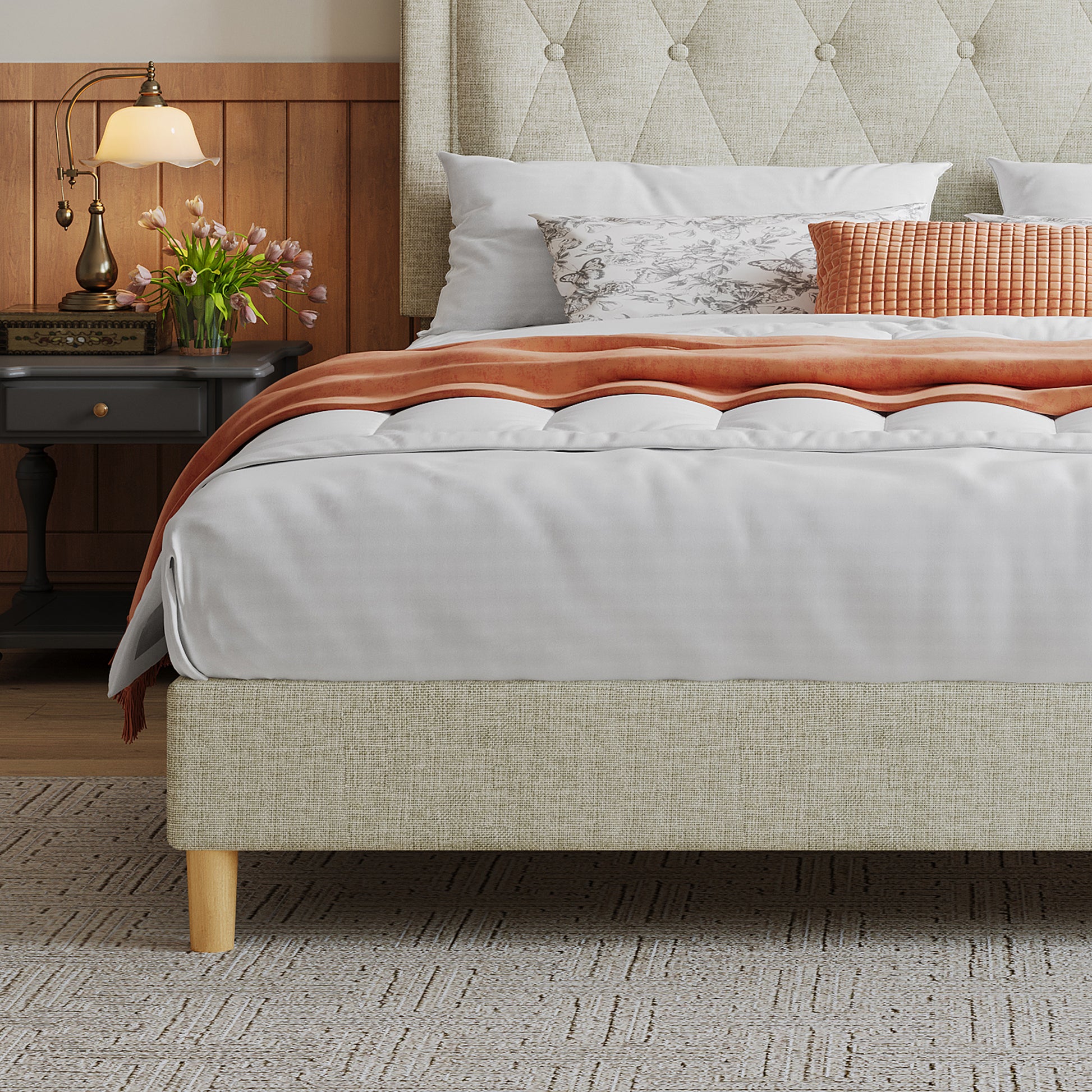 Queen Size, Cotton Linen Fabric, Mesh Mounted Bed, Stable, Easy To Assemble, Light Grey Queen Light Gray Mdf Acacia