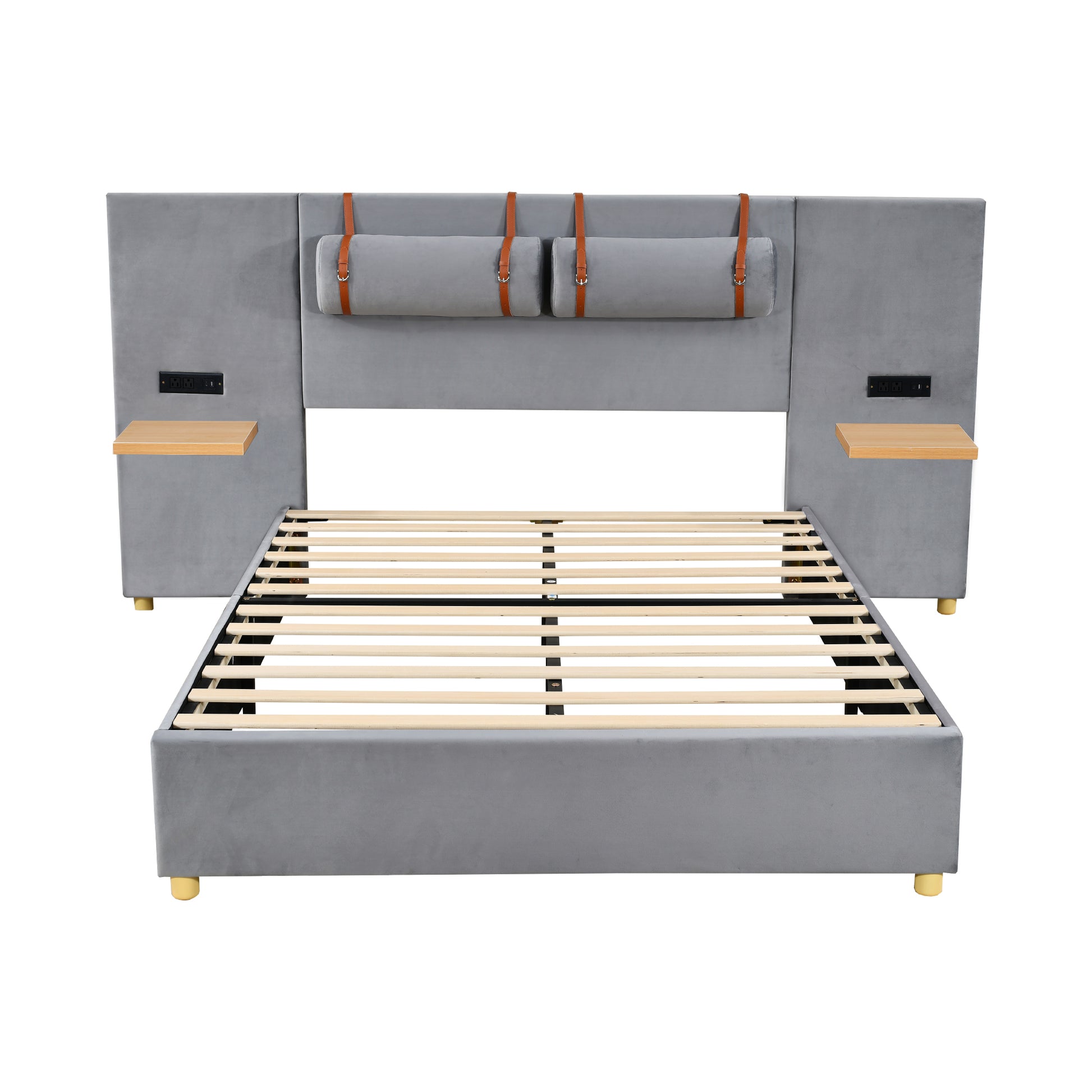 Full Size Upholstered Platform Bed With Two Outlets And Usb Charging Ports On Both Sides, Two Bedside Pillows, Storage Shelf, Velvet,Gray Full Gray Mdf Lvl