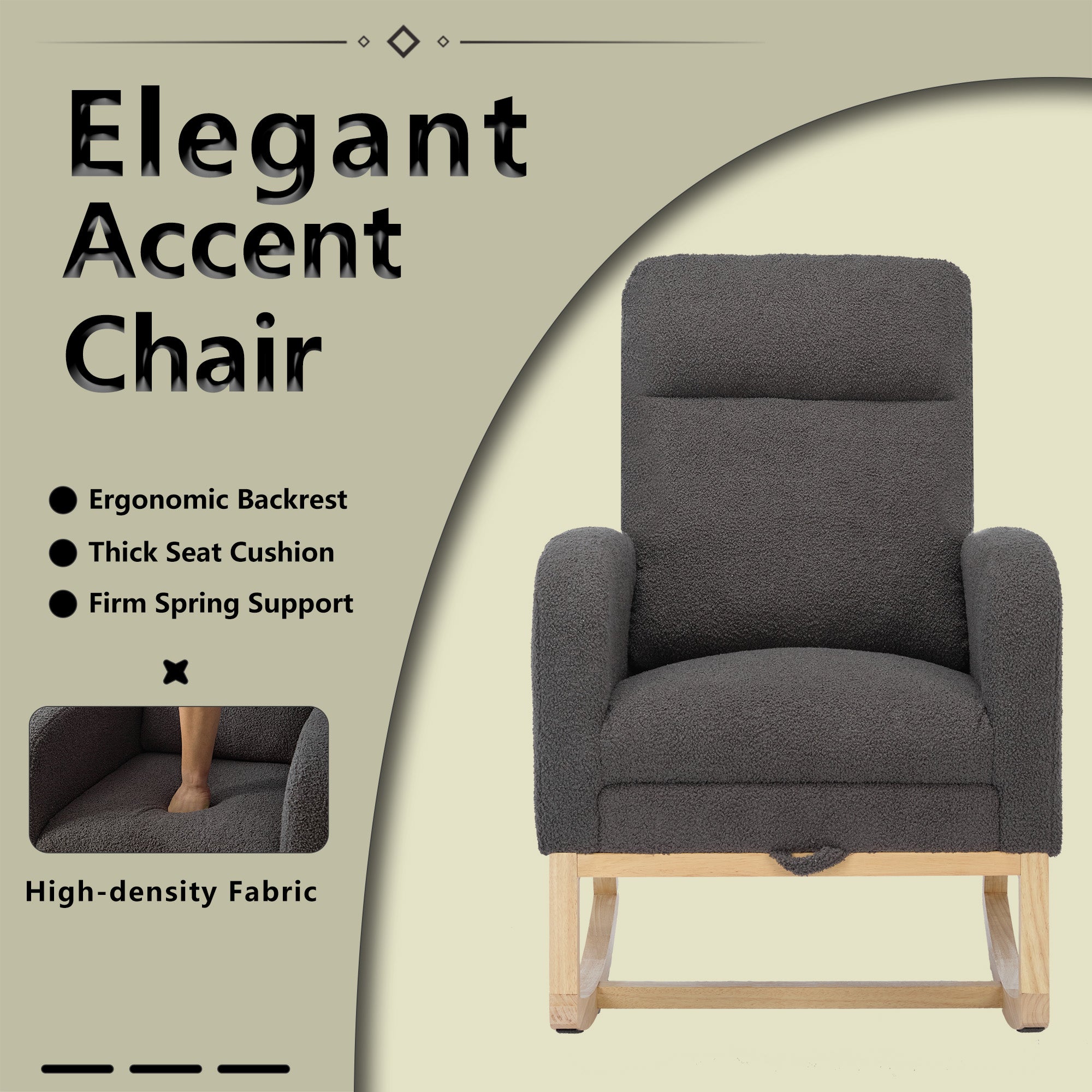 Modern Accent Rocking Chair Rocking Chair With Solid Wood Legs, Upholstered Nursery Glider Rocker, Comfy Armchair With Side Pocket, Living Room Lounge Arm Chair With High Backrest Teddy Gray Polyester Blend
