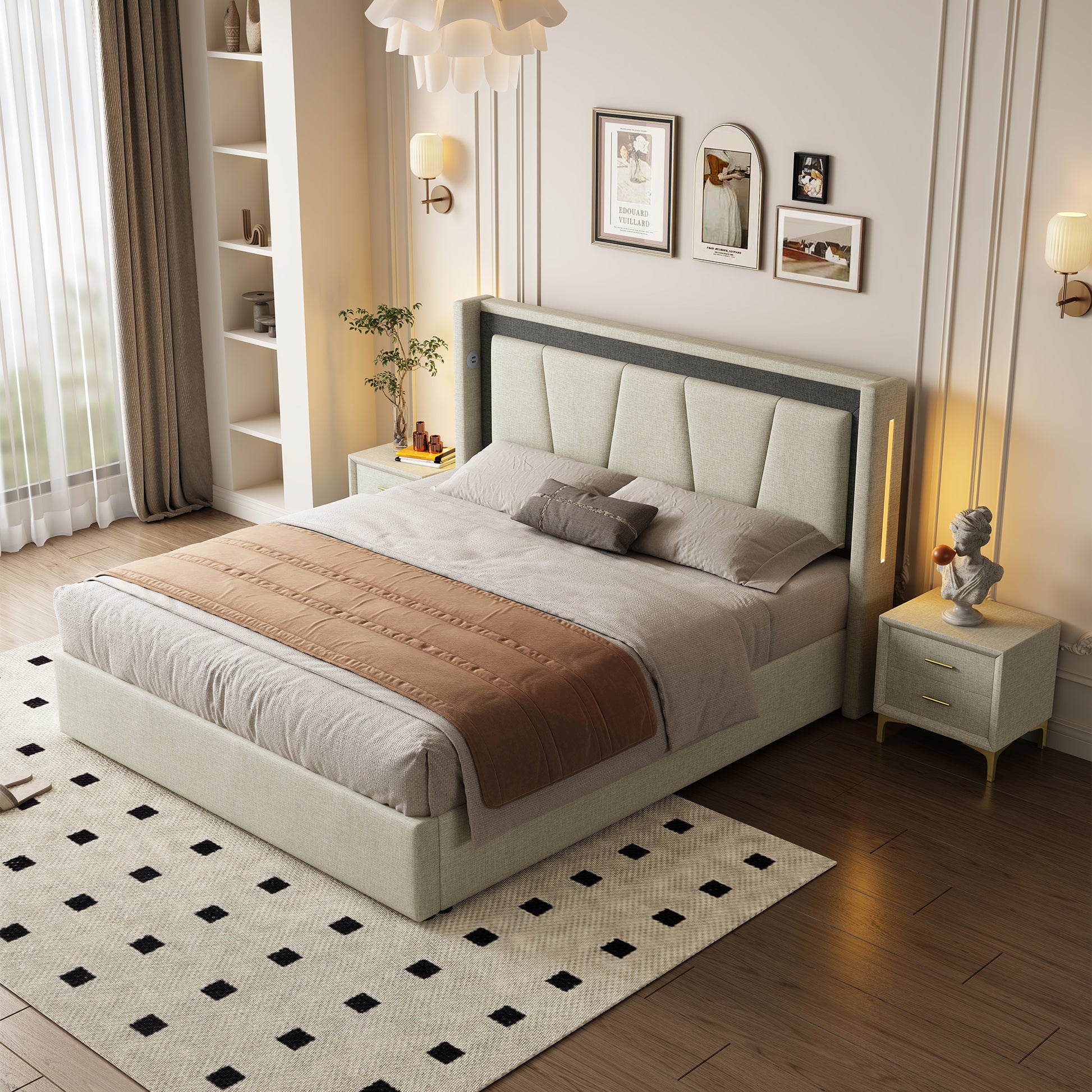 Queen Size, Cotton And Linen Fabric, Pneumatic Bed, With Storage Space Under The Bed, Stable Bed Structure,Light Gray Queen Light Gray Mdf Acacia