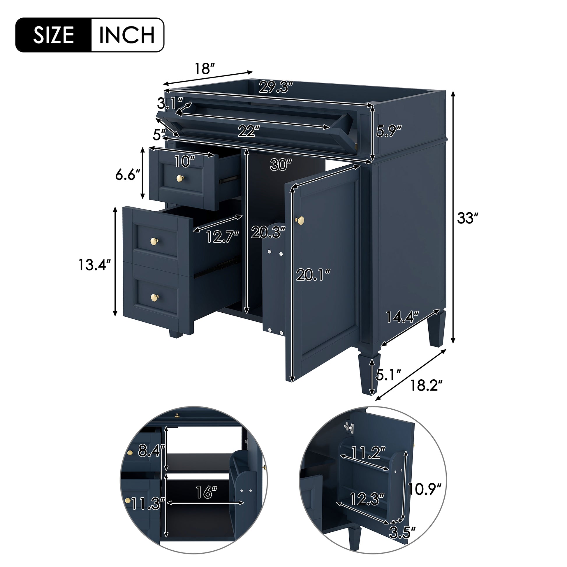 30'' Bathroom Vanity Without Top Sink, Modern Bathroom Storage Cabinet With 2 Drawers And A Tip Out Drawer Not Include Basin Blue Bathroom Solid Wood Mdf