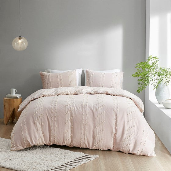 3 Piece Cotton Jacquard Duvet Cover Set Queen Pink Cotton
