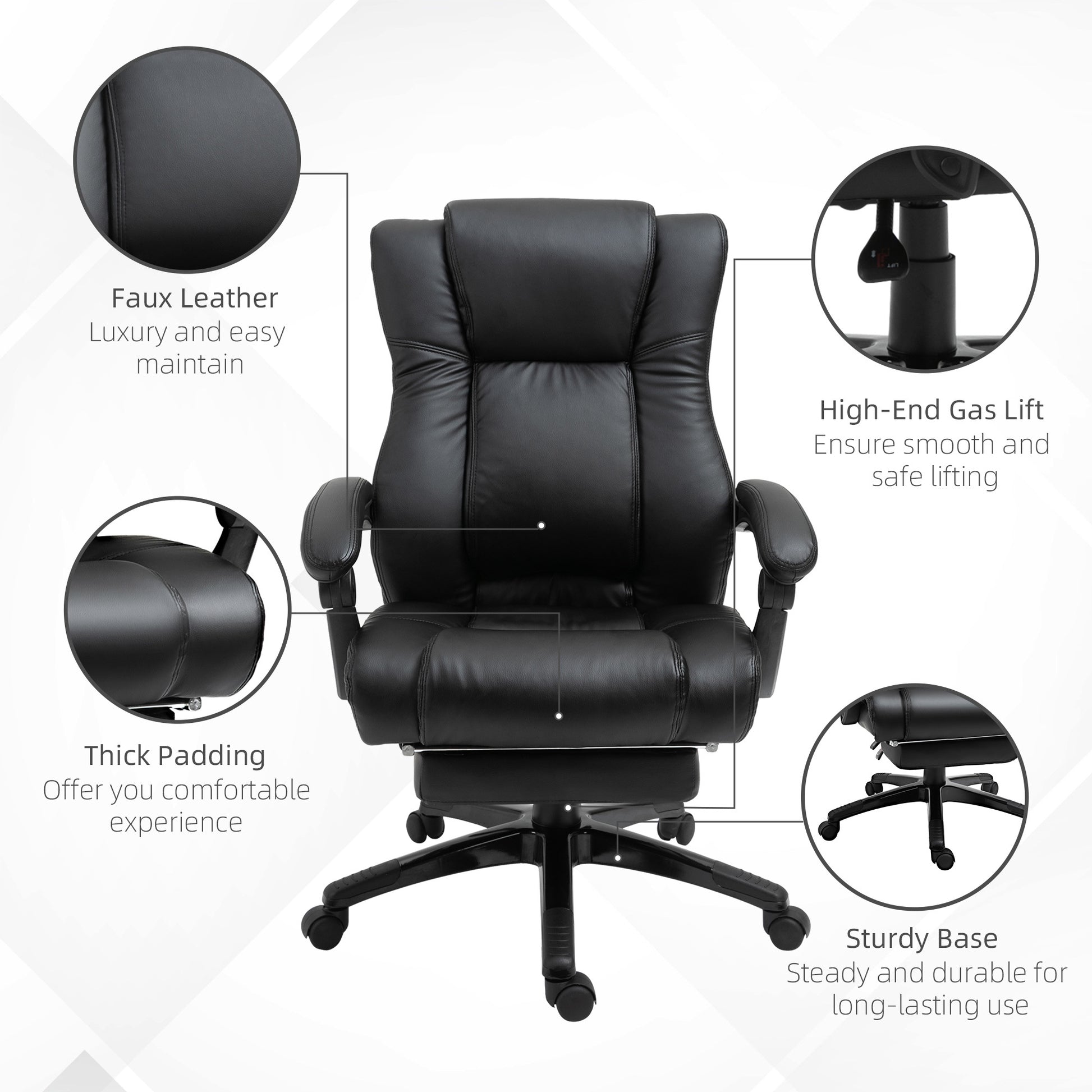 Vinsetto Executive High Back Office Chair Executive Computer Desk Chair With Pu Leather, Adjustable Height And Retractable Footrest, Black Black Pu Leather