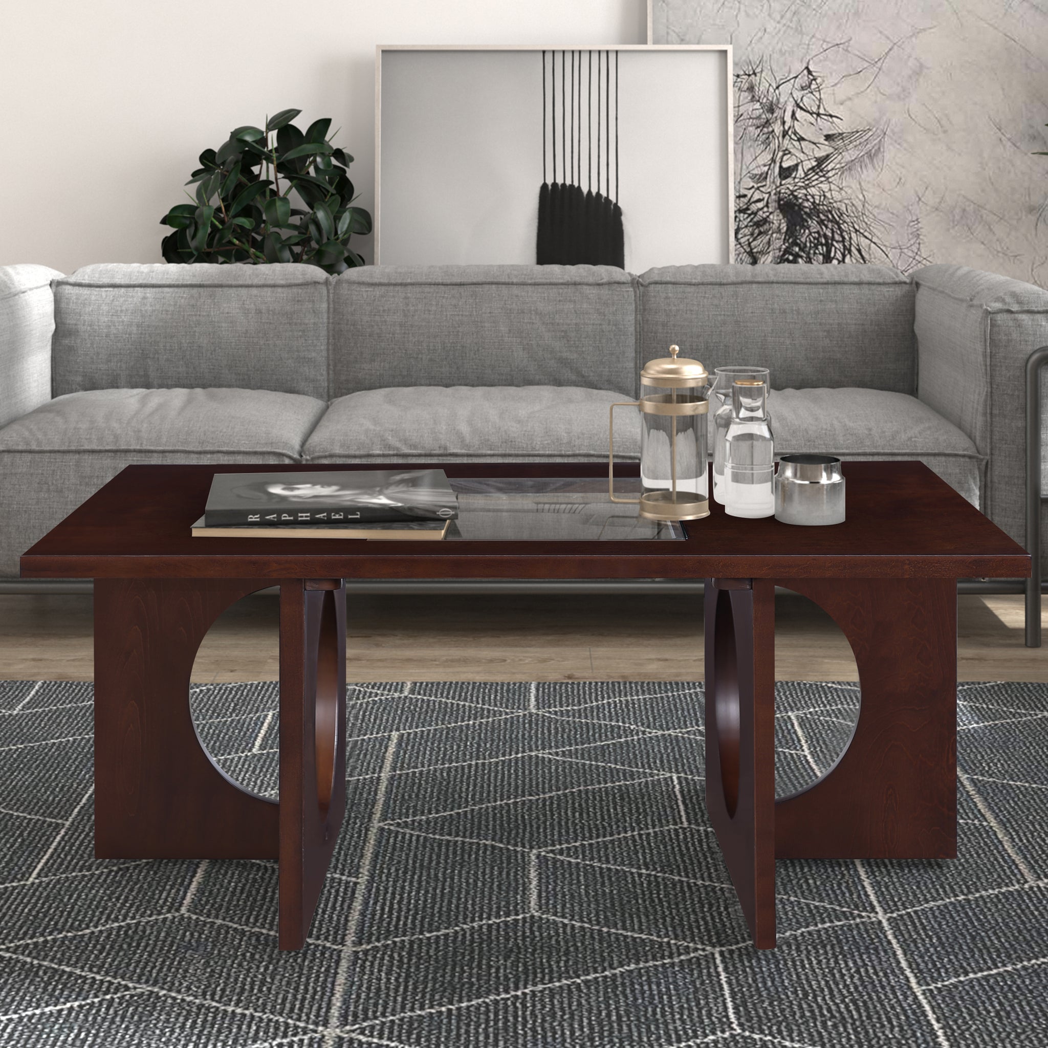 47" Contemporary Wood Rectangular Coffee Table With Clear Tempered Glass Top, Light Espresso Light Espresso Mdf Glass