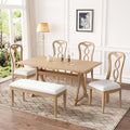 Retro 6 Piece Trestle Dining Table Set With Upholstered Dining Chairs And Dining Bench, Smooth Dining Backs For Dining Room, Living Room, Kitchen, Natural Upholstered Chair Wood Natural Beige Seats 6 Wood Dining Room Solid Wood Rubberwood Trestle